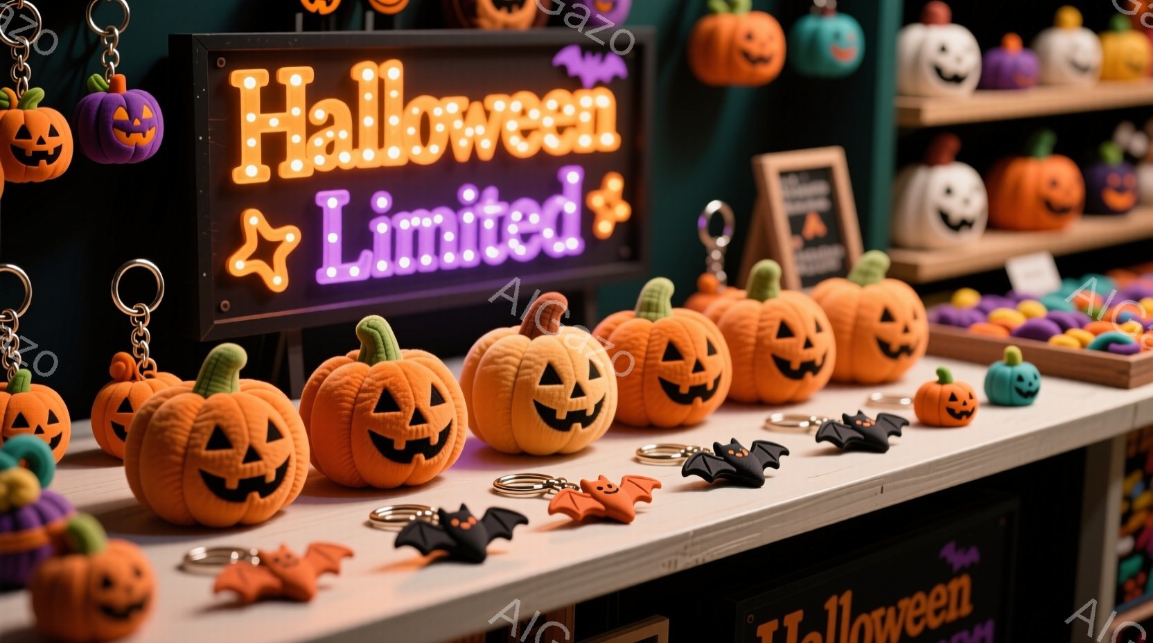 ハロウィーンのキーホルダーや飾り物が棚に並べられています。オレンジ色のカボチャのキーホルダーが中心で、黒いコウモリのチャームも点在しています。背景には、様々なハロウィーングッズが飾られた棚があり、明るい照明と賑やかな雰囲気が感じられます。