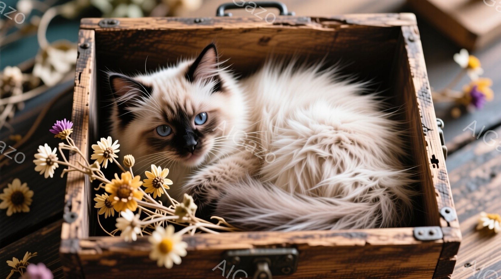 クリーム色の毛並みを持つ子猫が、アンティーク調の木箱の中に丸まって座っています。箱の周りには、黄色や紫色の小さな花々が散りばめられ、背景には木製の床が見えます。柔らかい光が猫と花々を照らし、温かく穏やかな雰囲気を醸し出しています。