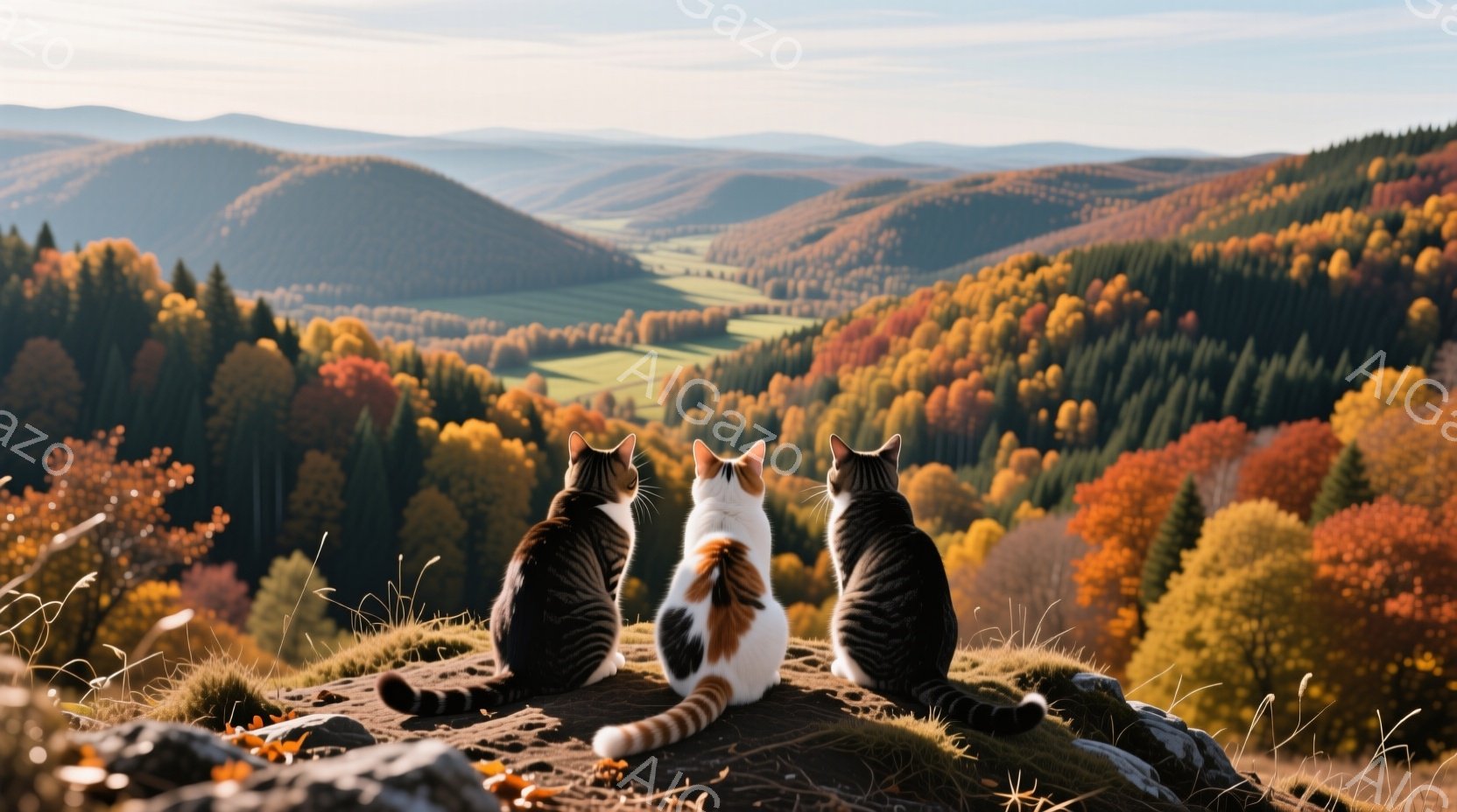 鮮やかな紅葉に彩られた山々を背景に、三匹の猫が丘の上に並んで座っている。中央の白い猫は長く豊かな尾をピンと伸ばし、左右の黒猫は同じように景色を見つめている。秋の穏やかな日差しが猫たちの毛並みを照らし、周囲の自然との調和が美しい、平和な光景である。
