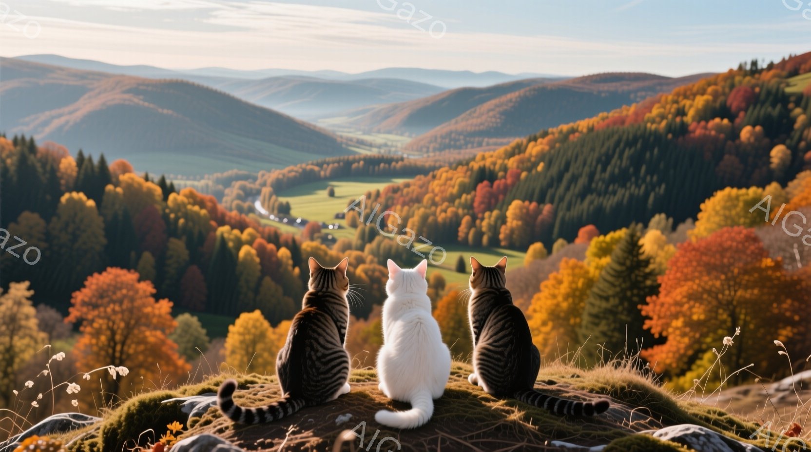 縞模様の猫と白い猫が、緑の丘の上に並んで座り、遠くの山々を見渡している。秋の紅葉が鮮やかな山々は、緑の牧草地と森に囲まれ、暖かく穏やかな雰囲気を醸し出している。空は晴れ、日差しが丘を照らし、猫たちのシルエットを際立たせている。