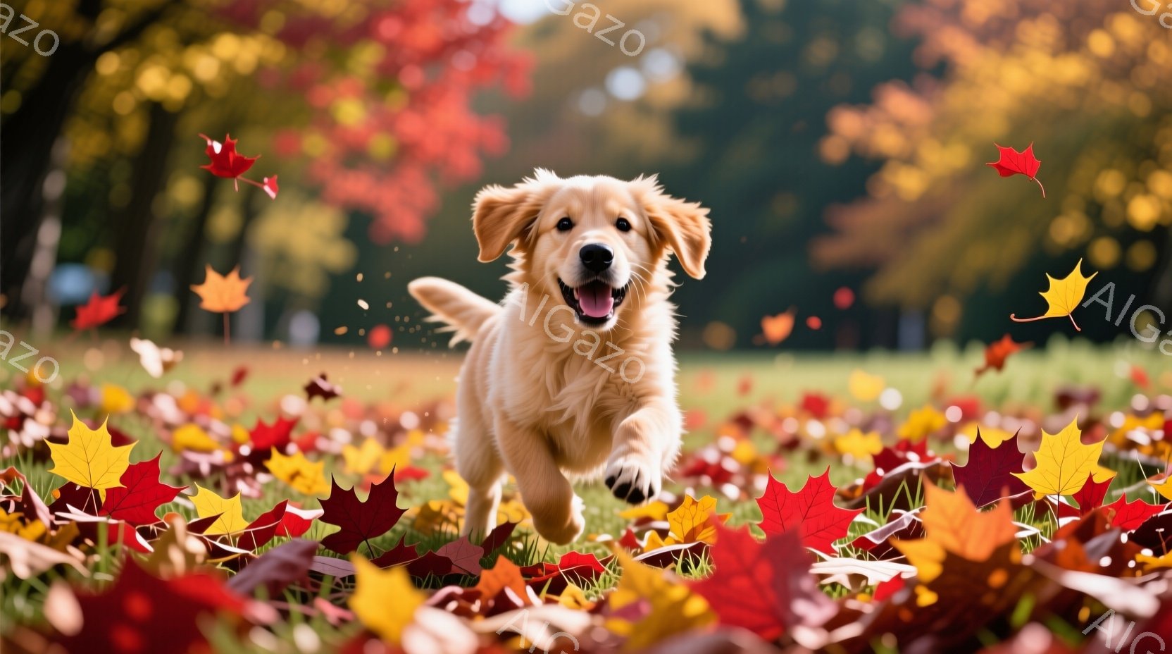 明るい茶色の毛並みを持つゴールデンレトリバーの子犬が、落ち葉が敷き詰められた緑の芝生の上を嬉しそうに走り回っている。子犬は口を開けて舌を出し、楽しげな表情で、秋の暖かく鮮やかな雰囲気を表現している。背 - AI生成フリー素材