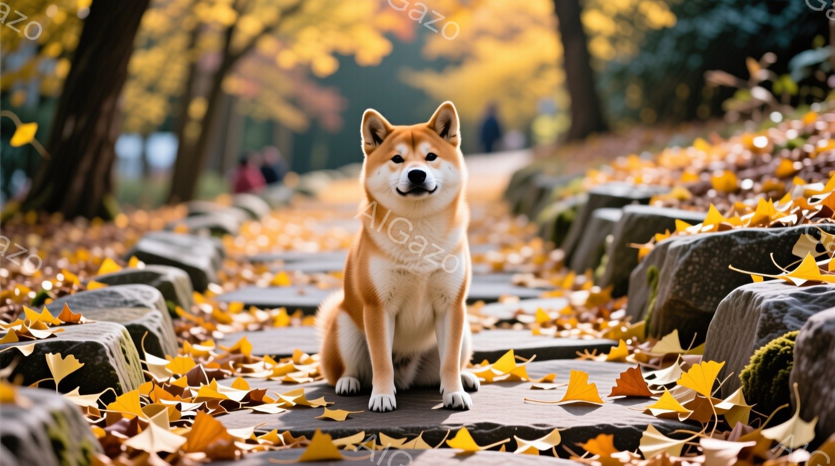 柴犬が、石畳の遊歩道に座って正面を見ています。背景には黄色のイチョウの葉が散りばめられ、遊歩道の両側には苔むした石が並んでいます。秋晴れの穏やかな雰囲気で、犬はリラックスした表情で、まるでモデルのよう - AI生成フリー素材
