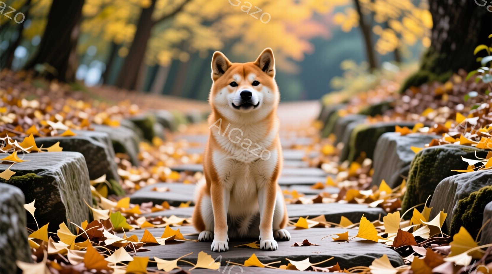 鮮やかなオレンジと白の毛並みを持つ秋田犬が、石畳の道に座っています。周囲にはイチョウの葉が散りばめられ、背景には木々が生い茂り、秋の穏やかな雰囲気を醸し出しています。犬は前を見据え、落ち着いた表情で、 - AI生成フリー素材