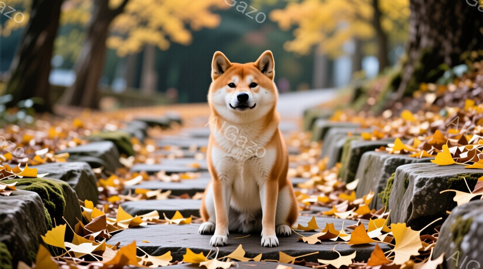 秋の寺の石段に、クリーム色と赤褐色の美しい柴犬が座っています。穏やかな表情で正面を見つめており、周囲にはイチョウの葉が散りばめられています。背景にはぼやけた寺の建物と木々が見え、全体的に暖かく、静謐な雰囲気が漂っています。