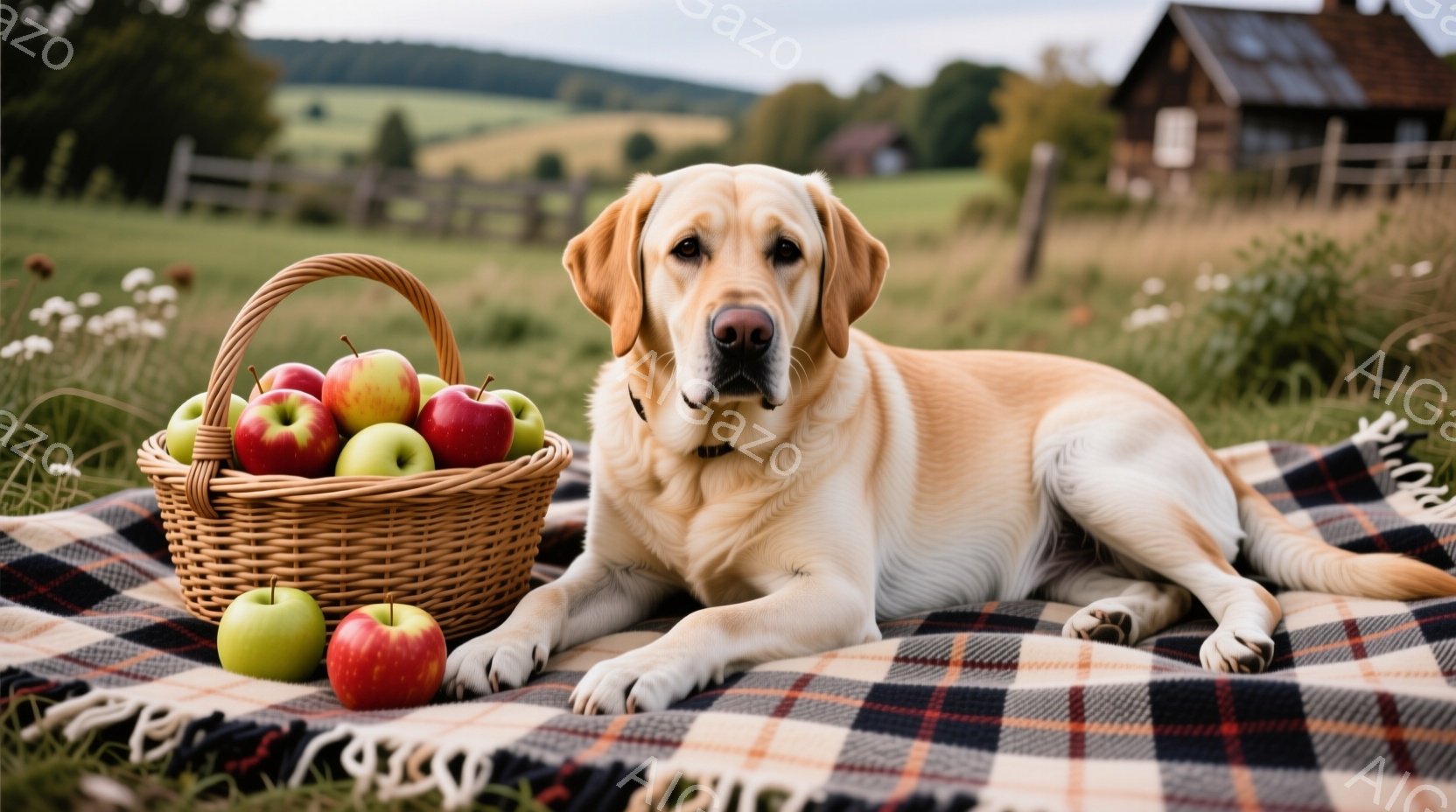 クリーム色のラブドールが、チェック柄の敷物の上で横たわっています。その隣には、赤いりんごが詰まったバスケットがあり、犬は穏やかな表情で正面を見ています。背景には緑の牧草地、木造の建物、そして曇り空が広がっており、のどかで穏やかな雰囲気が漂っています。
