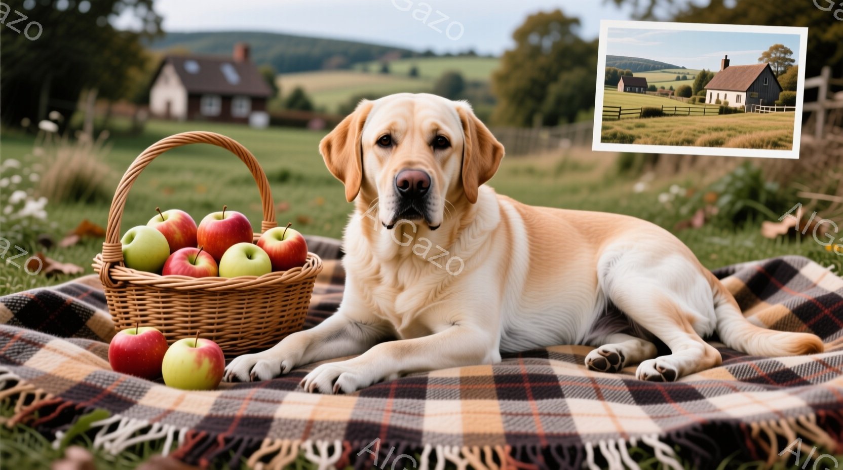明るい茶色の毛並みを持つラブラドール・レトリバーが、チェック柄のブランケットの上にゆったりと横たわっています。その隣には、赤いリンゴと緑のリンゴがたくさん入った編み込みのバスケットが置かれています。背景には、緑の丘陵地帯に点在する家々が見え、穏やかで牧歌的な雰囲気が漂っています。