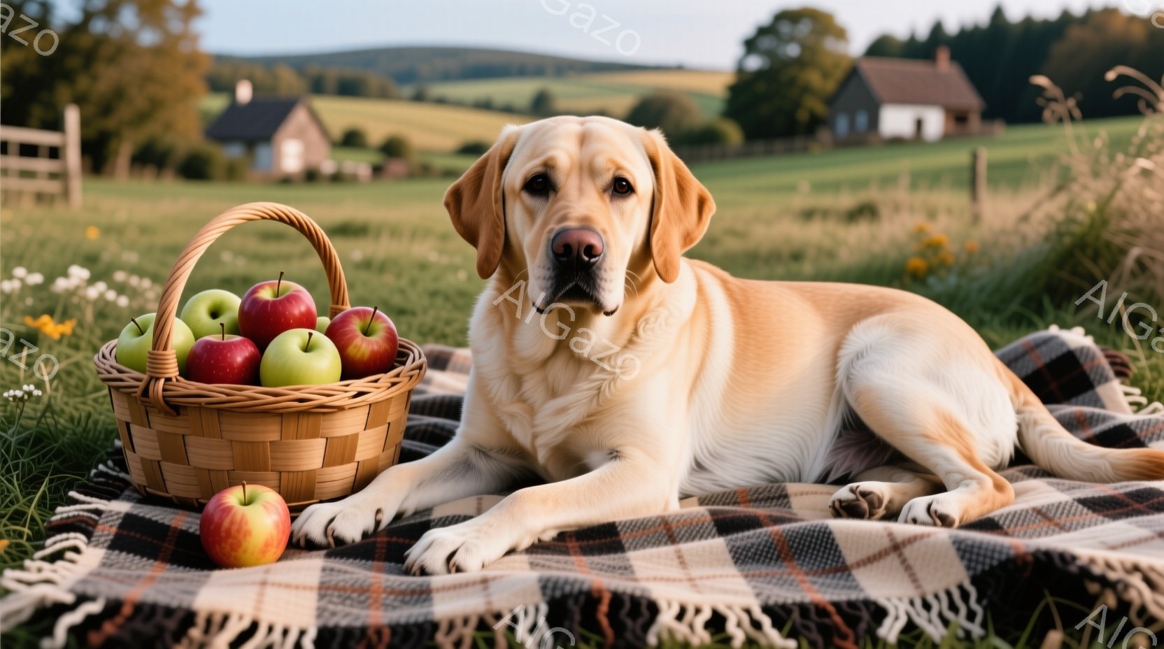 黄金色のラブラドール・レトリバーが、チェック柄の毛布の上でリラックスして横たわっています。そばには、赤いリンゴと緑のリンゴがいくつか入った籐のバスケットがあり、犬は穏やかな表情で正面を見つめています。背景には緑の牧草地が広がり、遠くには農家のような建物が見え、天候は晴れて穏やかな一日であることが伺えます。