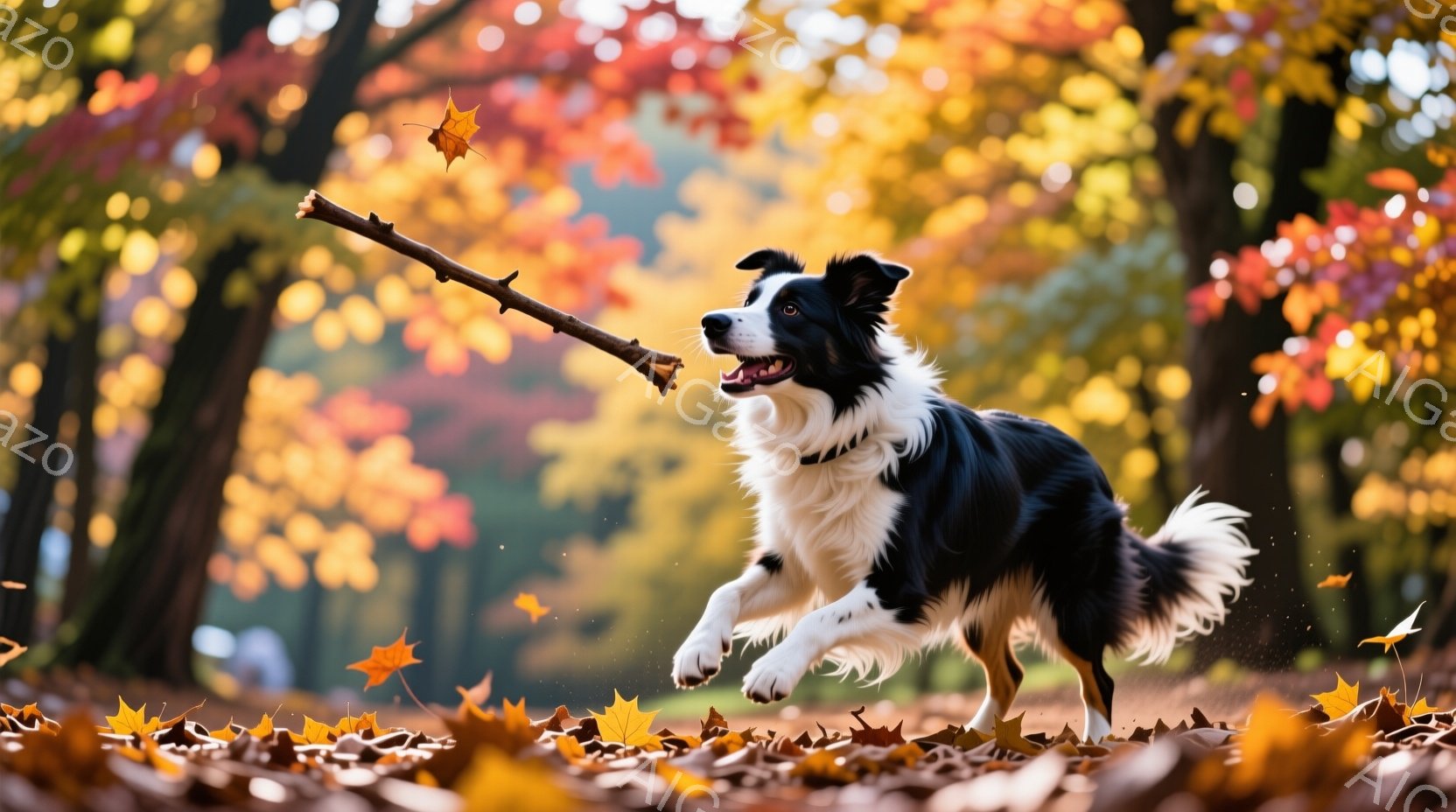 白と黒のボーダーコリーが、落ち葉が舞う公園を勢いよく駆け抜けている。口には木の枝を咥え、楽しそうな表情で躍動感に満ちている。背景には赤や黄色の鮮やかな紅葉が広がり、秋の陽気な雰囲気を醸し出している。