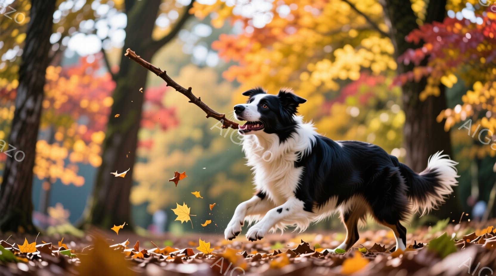 黒と白のボーダーコリーが、落ち葉が舞う公園で勢いよく駆け抜けている。口には木の枝をくわえ、嬉しそうな表情で、秋の風景の中に溶け込んでいる。背景には鮮やかな紅葉の木々が広がり、暖かく活気のある雰囲気を醸し出している。