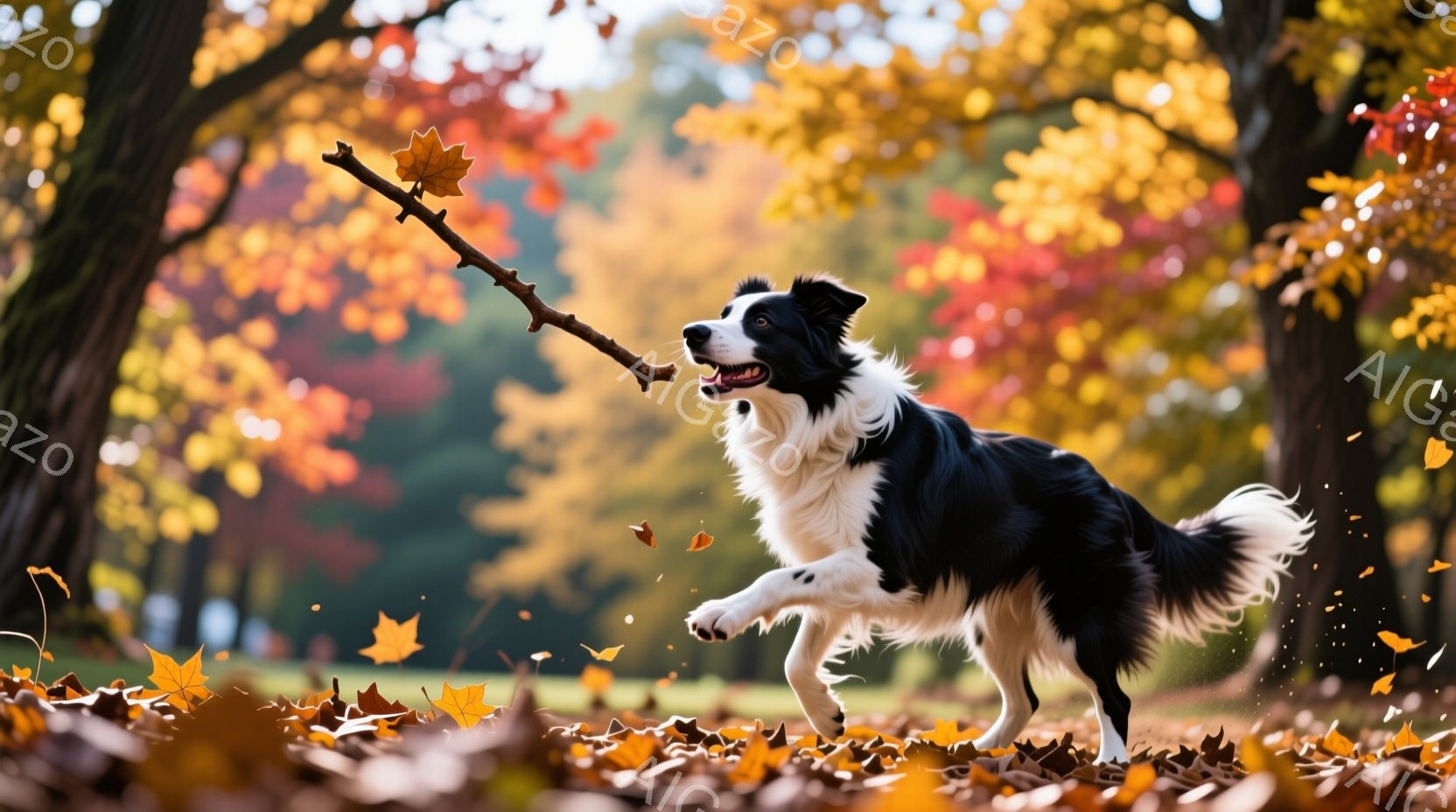 黒と白のボーダーコリーが、秋の公園で木の枝を咥えて走り回っている様子が写っている。背景には鮮やかな紅葉の木々と落ち葉が広がり、暖かい日差しが降り注いでいる。躍動感あふれる犬の姿と、秋の色彩が合わさり、楽しげで活気のある雰囲気を醸し出している。