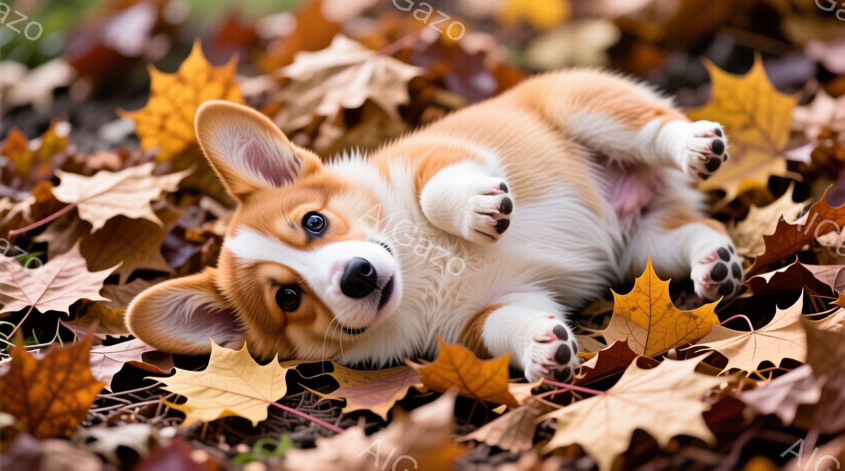 動物の写真です。その中には、小型の狗のような犬が描かれています。犬は赤と白のチェスターフィッシュカラーの毛を持ち、縁の方向で足を巻き伸ばして、単に楽しんでいるように見えます。犬は黄色の葉の上に横たわっており、その周りは多くの同じ色の葉が散らばっていることから、秋のシーンであることが明示されます。 犬の表情は落ち着いており、目はオープンで、鼻は上に突き出しています。その髭も見えるようですが、特定の人物の服装、髪型、表情、動作や姿勢を推測することはできません。背景は単色の黄色の葉になっており、自然的な環境が透明かつ鮮やかであり、犬の表情により温かみがある雰囲気が感じられます。