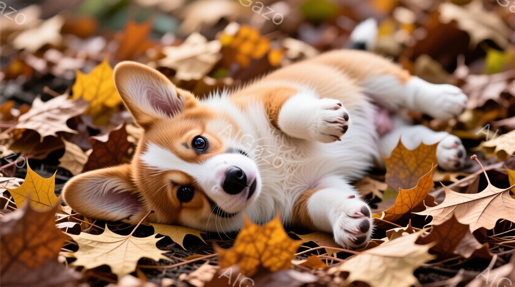 小さなコーギーの子犬が、落ち葉だらけの地面に仰向けになって眠っているように見える。そのコーギーは、明るい茶色の毛並みに白い胸と足先を持ち、丸い黒い目でカメラを見つめている。周囲は鮮やかなオレンジ色や黄 - AI生成フリー素材