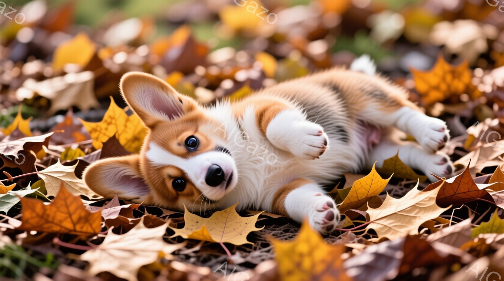 明るいオレンジと白の毛並みを持つ、小さなウェルシュ・コーギーの子犬が、落ち葉の上に仰向けになって遊んでいます。つぶらな瞳でカメラを見つめ、口角がわずかに上がった表情は、無邪気で愛らしい印象を与えます。背景は様々な色の落ち葉で覆われ、秋の穏やかな暖かさを感じさせる雰囲気です。