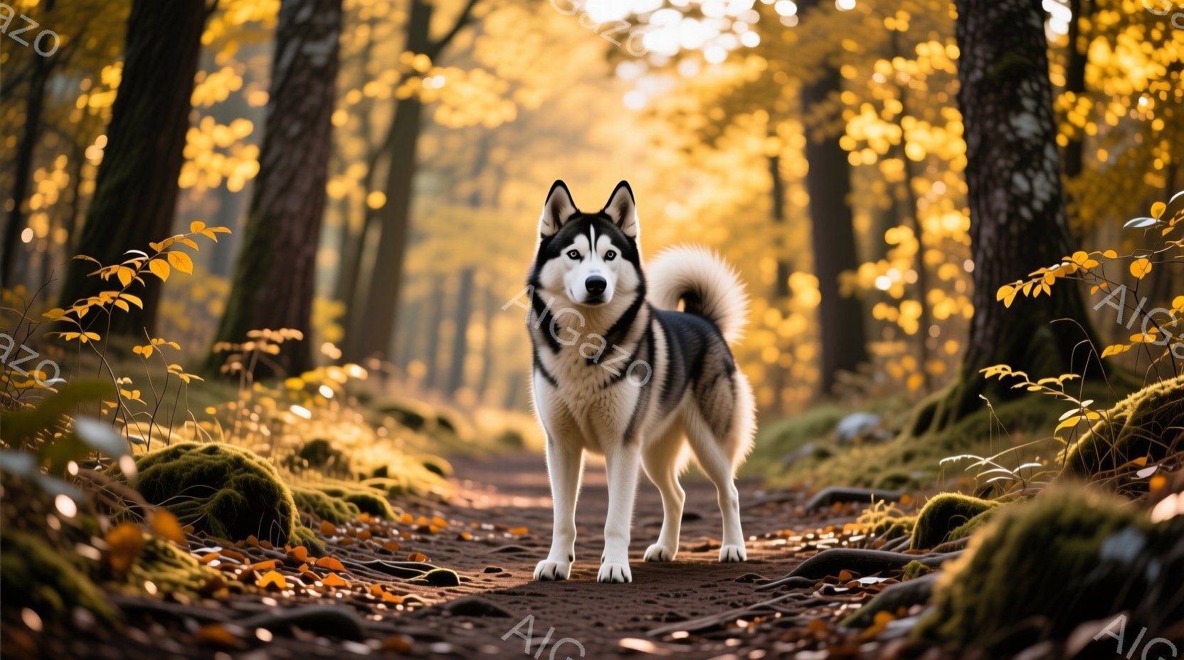 シベリアンハスキーが、落ち葉と緑の苔に覆われた森の中の道に立っている。犬は正面をまっすぐ見つめ、自信に満ちた凛々しい表情を浮かべている。背景は秋らしい黄色の木々と柔らかな光で満たされ、静かで穏やかな雰 - AI生成フリー素材