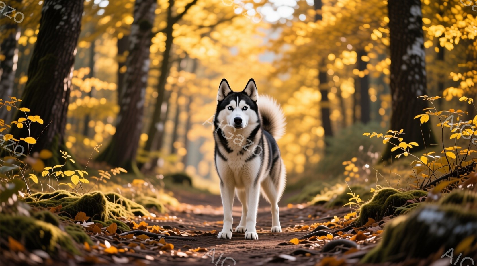 白と黒の毛並みを持つシベリアンハスキーが、落ち葉が敷き詰められた森の小道の中央で堂々と立っている。背景は秋の色彩に染まった木々で、光が差し込み、暖かく穏やかな雰囲気を醸し出している。犬はまっすぐ前を見 - AI生成フリー素材