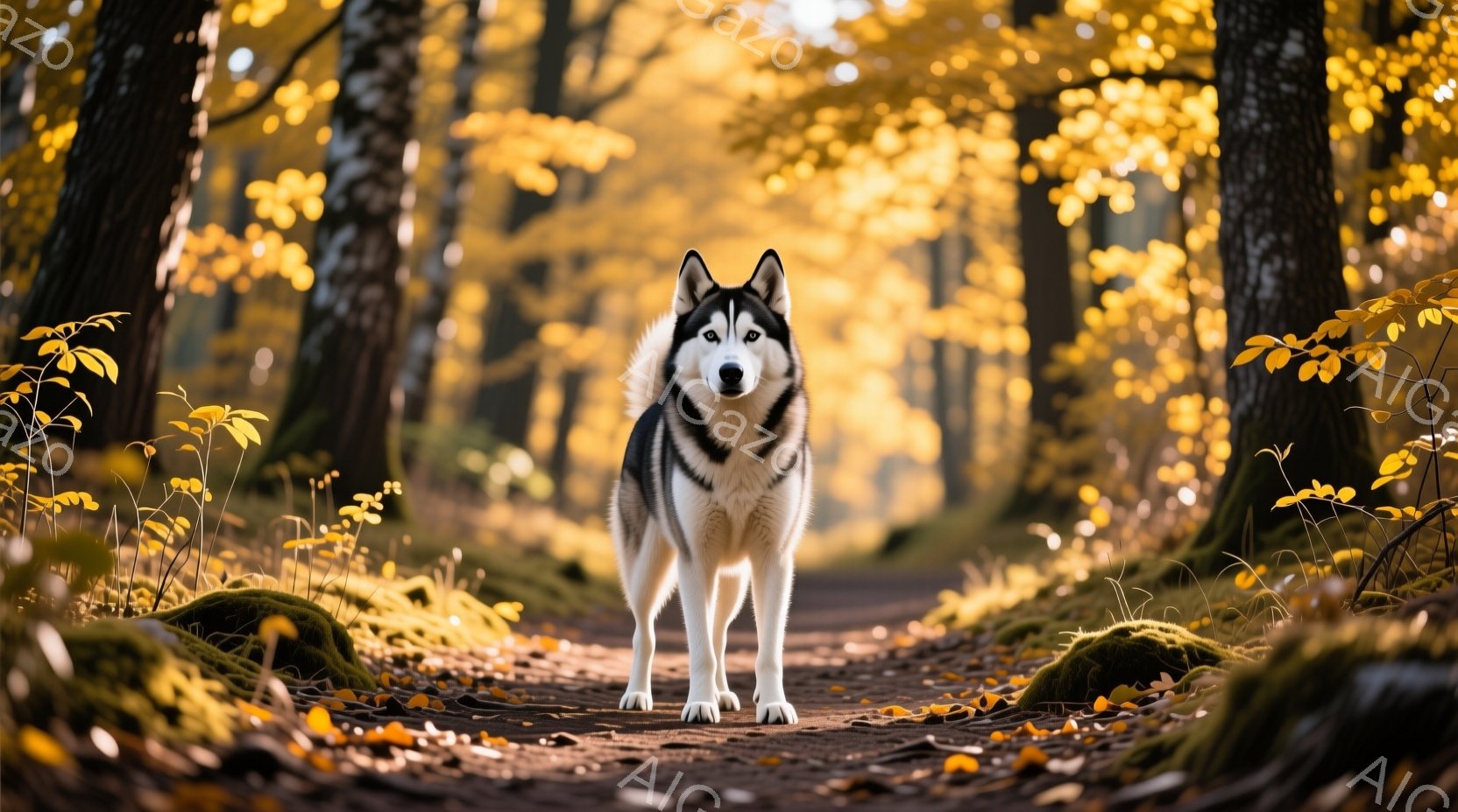 鮮やかな秋の森の中央を、美しいシベリアンハスキーがまっすぐこちらを見て立っている。背景には黄色やオレンジ色の葉が茂る木々と、落ち葉が敷き詰められた道が広がり、暖かく穏やかな雰囲気を醸し出している。ハス - AI生成フリー素材