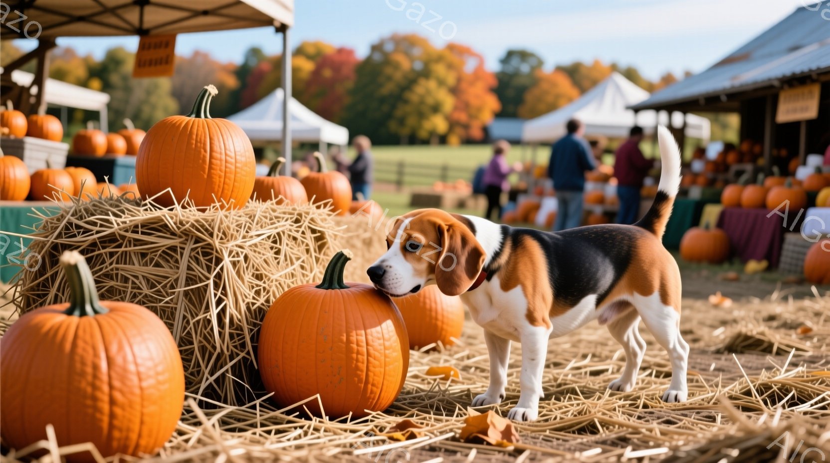 オレンジ色のカボチャが積み上げられた中で、ビーグル犬が鼻をカボチャに近づけて匂いを嗅いでいます。背景には、カボチャを販売する屋台や、秋の紅葉が広がる自然が見え、秋の収穫祭のような穏やかで温かい雰囲気が - AI生成フリー素材