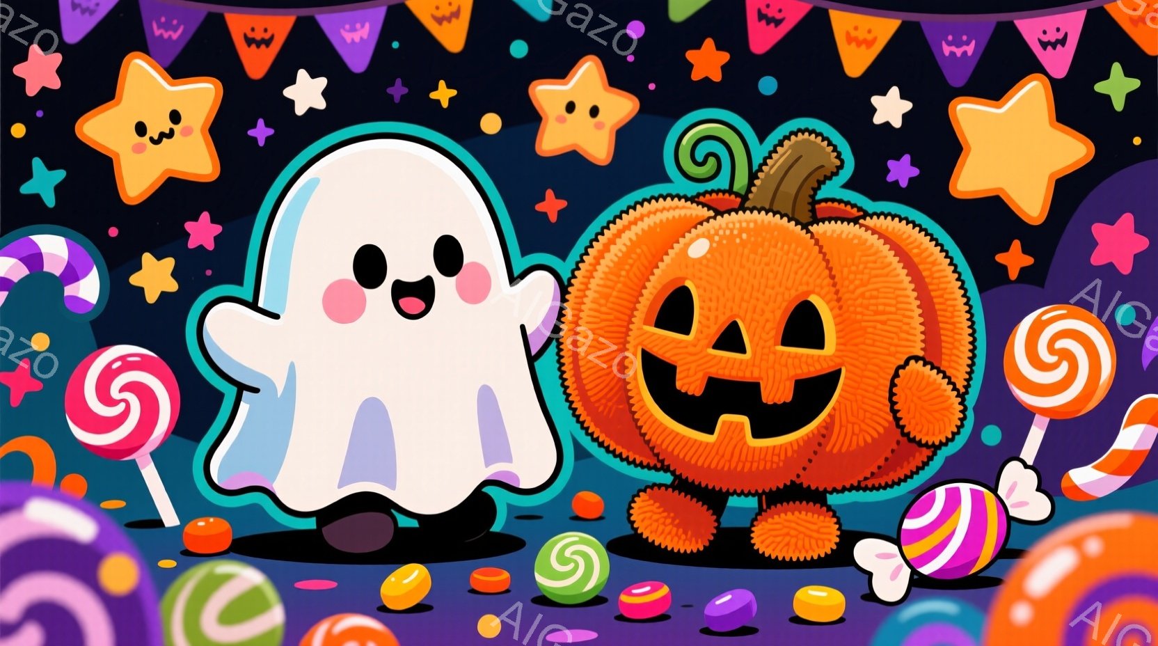 白い幽霊とオレンジ色のジャック・オー・ランタンが、キャンディーやロリポップに囲まれて描かれています。幽霊は愛らしい表情で、ジャック・オー・ランタンは不気味ながらも親しみやすい笑顔を浮かべています。背景は紫色のグラデーションで、星やキャンディーが散りばめられ、ハロウィーンの楽しい雰囲気を演出しています。