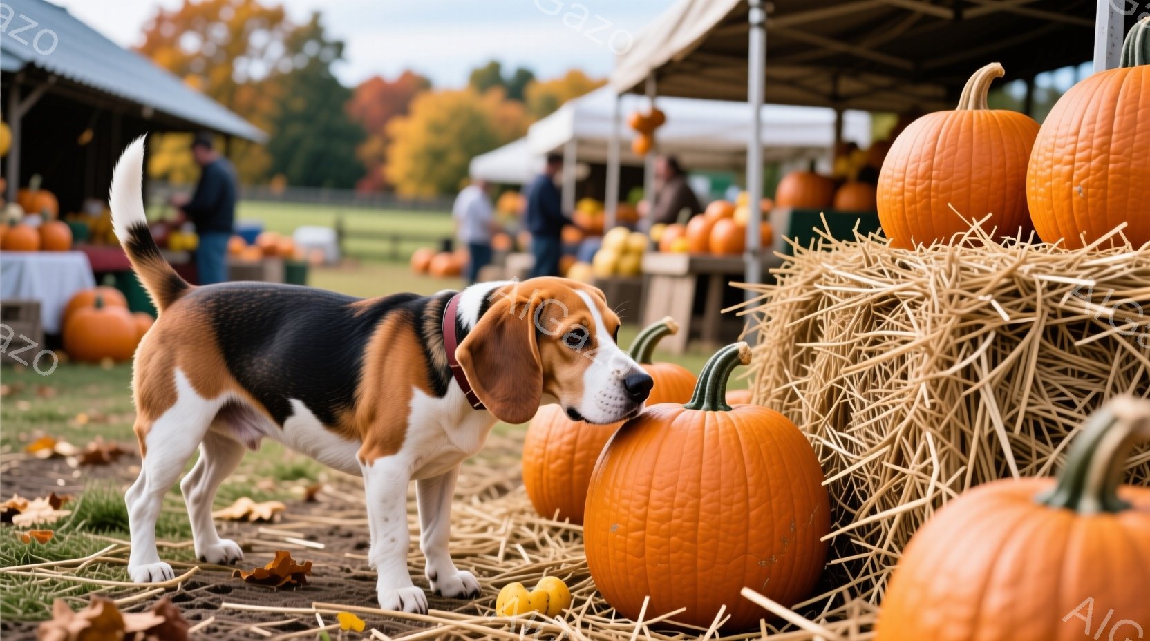 茶色と白の毛並みを持つビーグル犬が、かぼちゃ畑でかぼちゃを興味深そうに覗き込んでいる。背景には、かぼちゃが積み上げられた屋根付きのスペースと、秋の黄葉した木々が見え、秋の収穫の雰囲気が漂う。犬は赤い首輪を着用し、活発で好奇心旺盛な様子が伺える。