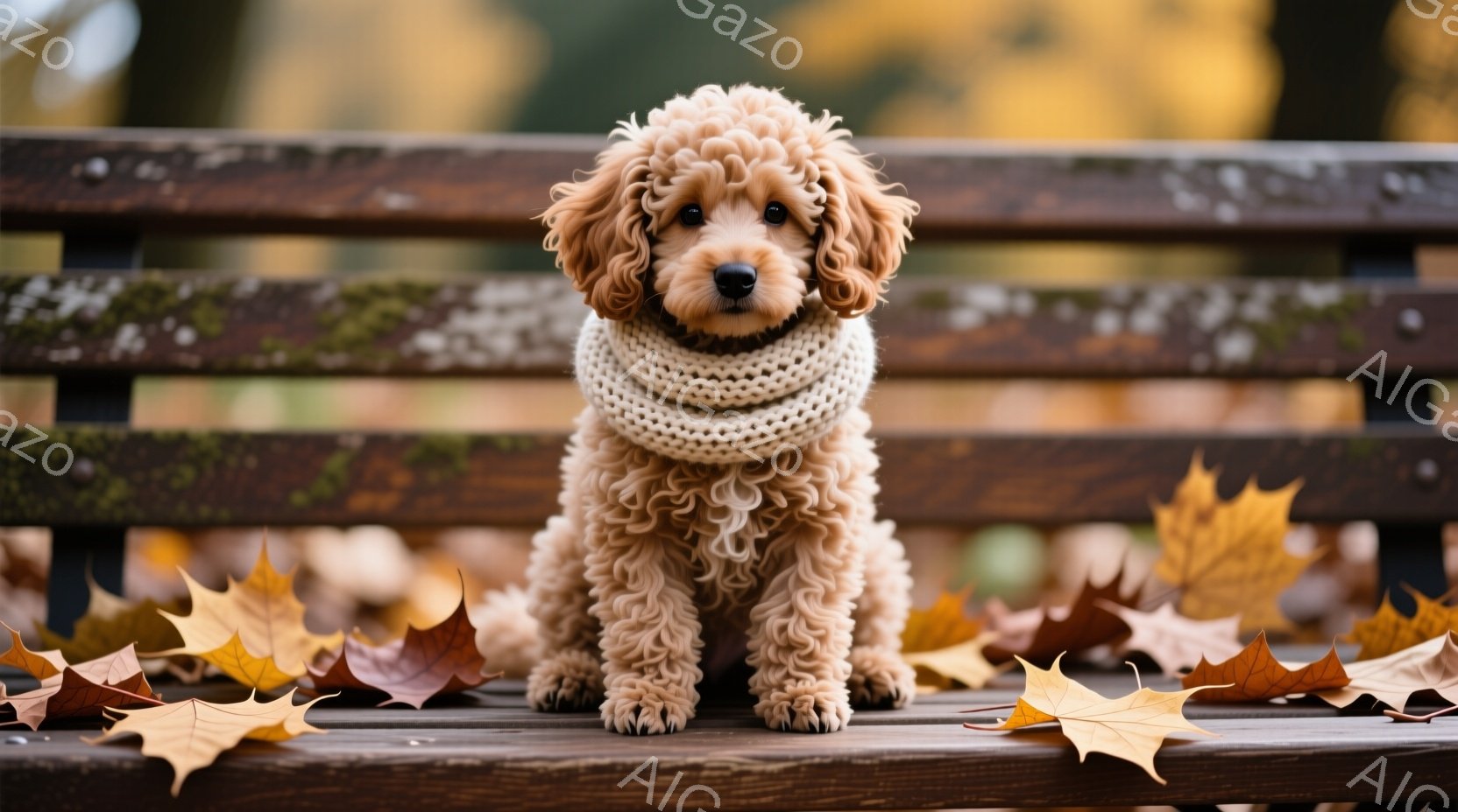 巻き毛のクリーム色の犬が、木のベンチの上に座っています。首には白い編み物のマフラーが巻かれ、穏やかで可愛らしい表情をしています。背景には落ち葉が散らばり、秋の暖かく穏やかな雰囲気が漂っています。 - AI生成フリー素材