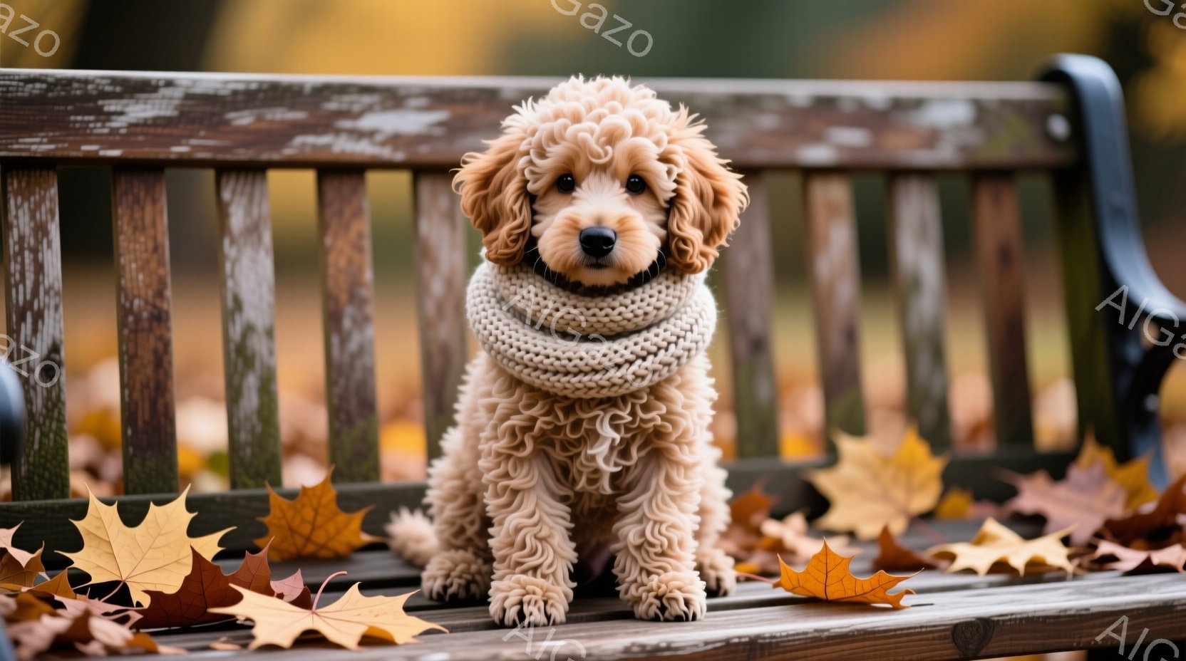 ふわふわのクリーム色の巻き毛の犬が、木製のベンチに座っています。首にはベージュのニットのネックウォーマーが巻かれ、正面を見て穏やかな表情をしています。背景には落ち葉が敷き詰められ、秋の暖かく穏やかな雰 - AI生成フリー素材