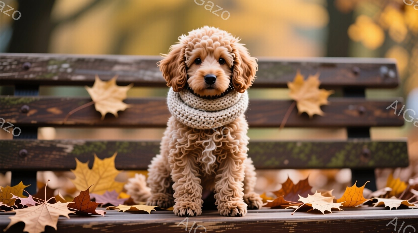 ふわふわの茶色の巻き毛の犬が、木のベンチに座っています。首にはベージュ色のニットのネックウォーマーを巻いており、少し前に見つめるような優しい表情をしています。背景には落ち葉が散らばり、秋の穏やかな雰囲気を感じさせます。