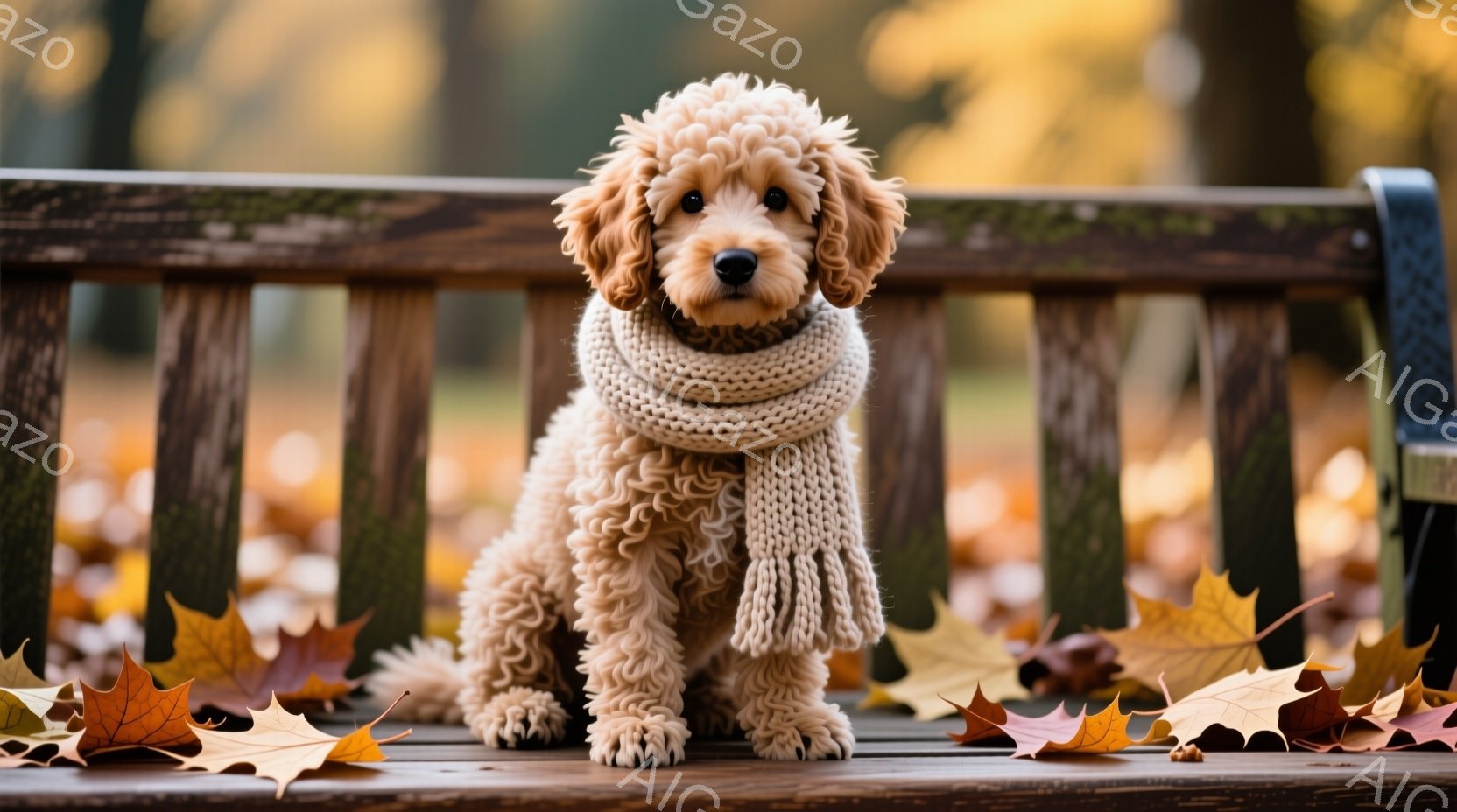 ふわふわのクリーム色の巻き毛を持つ犬が、木製のベンチに座ってこちらを見ています。首にはベージュのニットの首巻きが巻かれており、秋らしい暖かさを演出しています。背景には落ち葉が散らばり、秋の穏やかな雰囲 - AI生成フリー素材