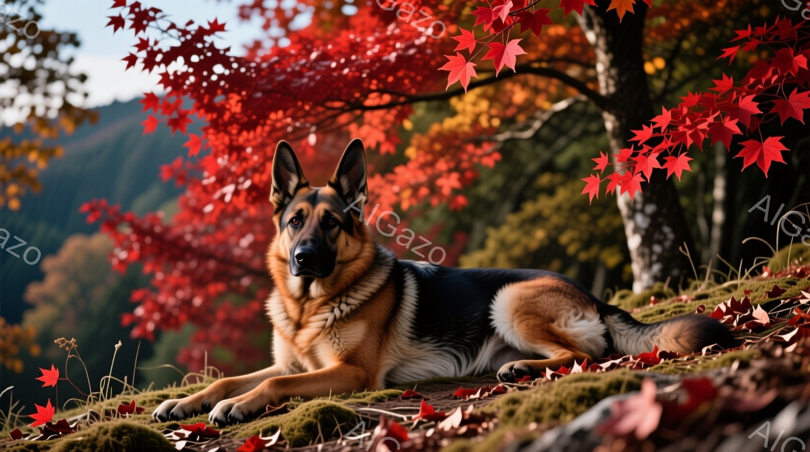 赤や黄色の紅葉に囲まれた緑の苔の上に横たわるジャーマンシェパードが写っています。犬は落ち着いた表情で、遠くを見つめており、その毛並みは美しく、日差しに照らされています。背景には、緑豊かな山々が広がり、 - AI生成フリー素材