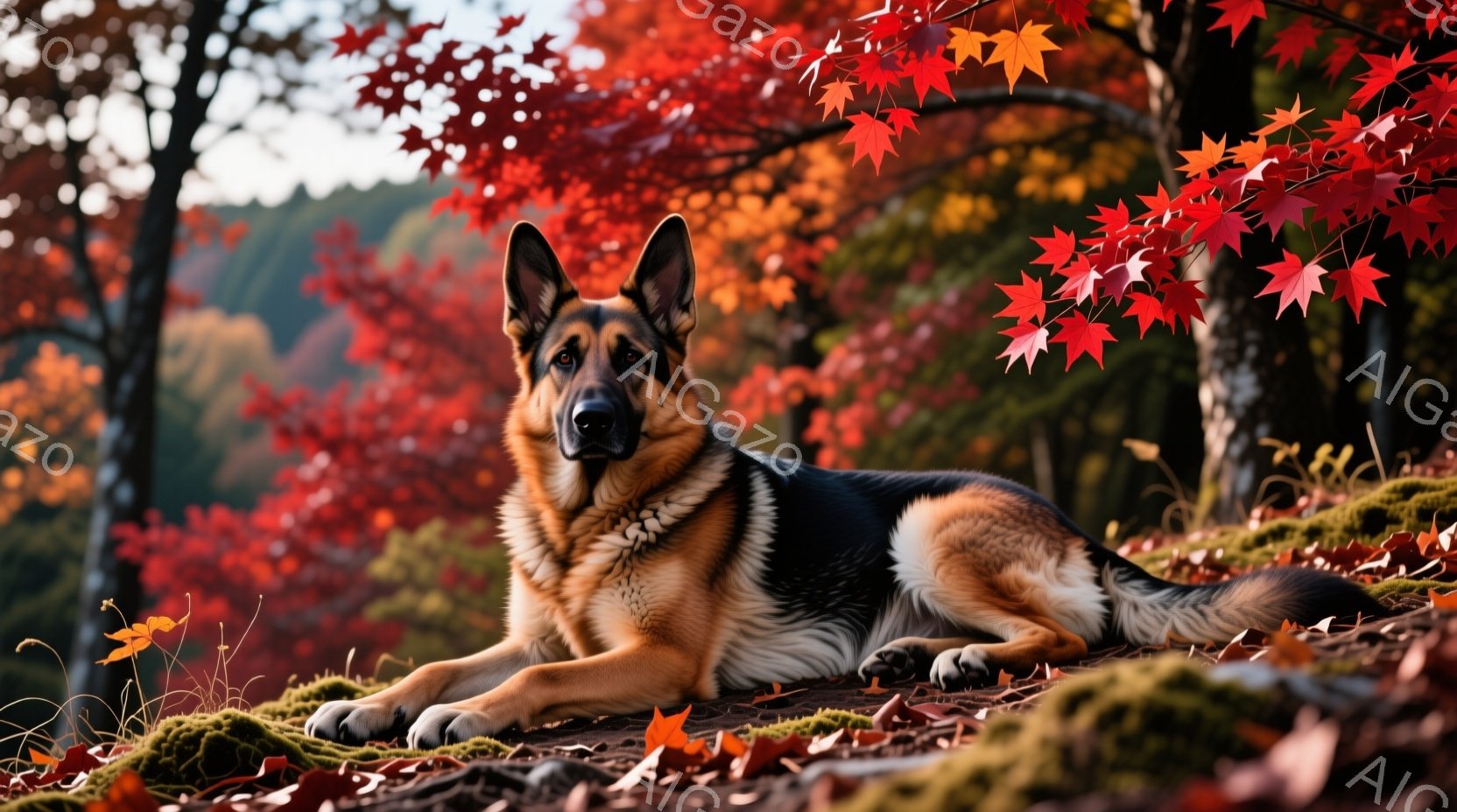 鮮やかな赤葉に囲まれた緑の苔の上に、ジャーマンシェパードが横たわっています。その表情は穏やかで、まっすぐな視線で何かを見つめているようです。背景には、鮮やかな紅葉と、ぼやけた木々の風景が広がり、秋の穏やかな雰囲気を醸し出しています。