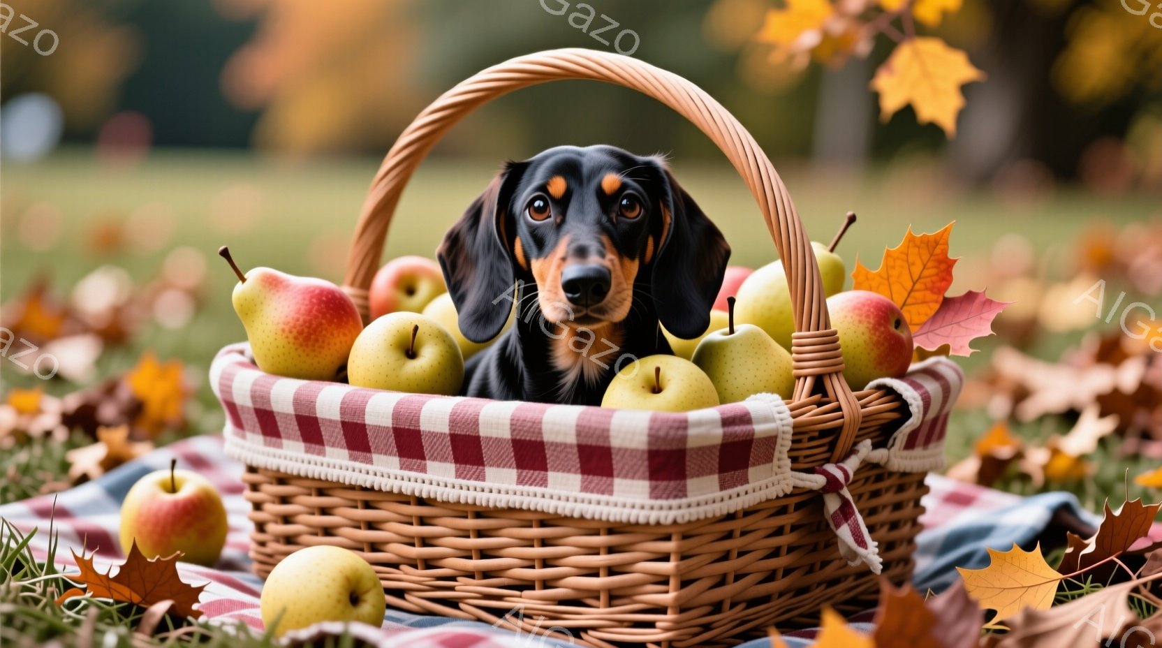 籐編みのカゴの中に、黒と茶色のダックスフンドが顔を出しています。カゴの中には、赤や黄緑色のリンゴがいくつか入っており、周りには落ち葉が散らばっています。背景は緑の芝生とぼやけた木々で、秋の穏やかな雰囲気を醸し出しています。
