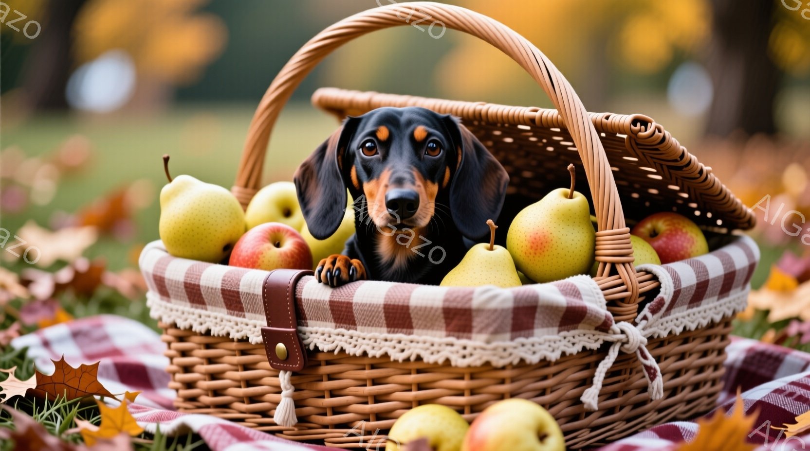かごの中に、黒と茶色のダックスフントが顔を出しています。かごはリンゴと梨で満たされ、背景には落ち葉とチェック柄の布が広がっています。秋らしい暖かく穏やかな雰囲気が漂う、可愛らしい一枚です。