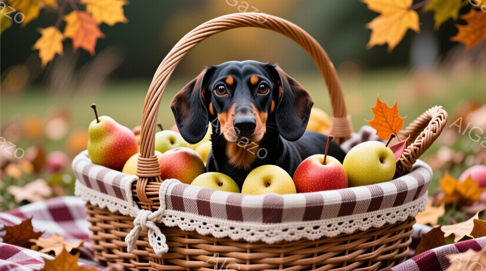 秋の風景の中に、りんごや梨でいっぱいのバスケットが置かれ、その中に茶色と黒のダックスフントが顔を出しています。犬は少し不安そうに前を見つめ、可愛らしい表情をしています。背景には落ち葉が散りばめられ、暖かく穏やかな秋の雰囲気が漂っています。
