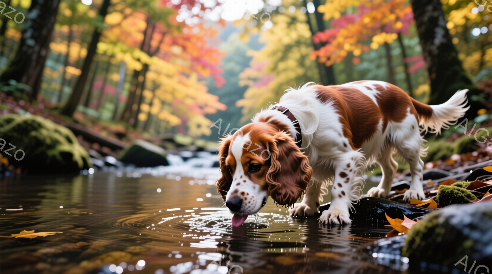 赤と白の毛並みを持つ犬が、水たまりの水を飲もうとしている姿が写っている。背景には鮮やかな紅葉の木々と、苔むした岩が広がり、秋の穏やかな自然を感じさせる。水の表面には犬が水を飲むことで生じた波紋が広がっ - AI生成フリー素材
