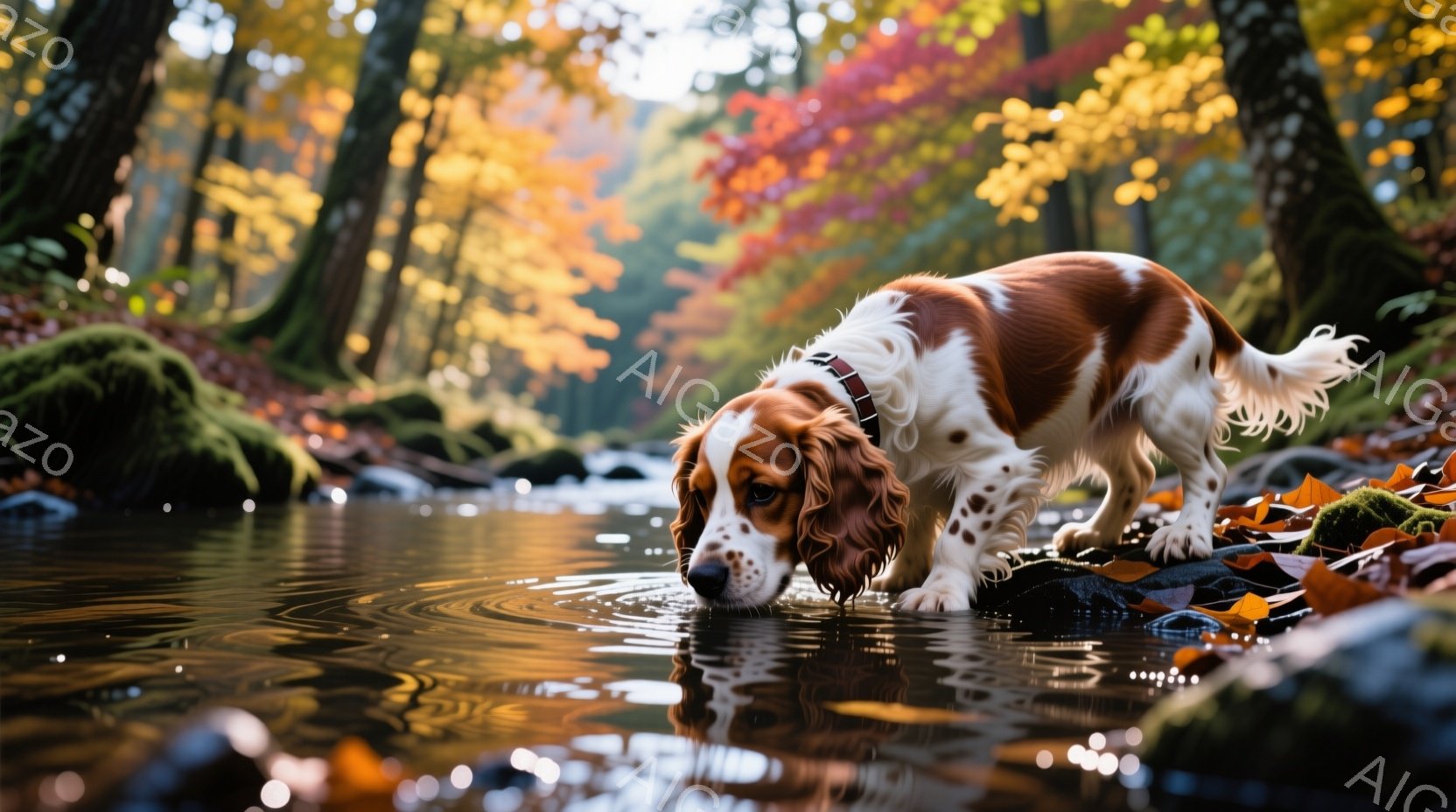 赤茶色と白の毛並みを持つ犬が、岩場を流れる水際に鼻を近づけて水を飲んでいます。背景には鮮やかな秋色の葉が茂る木々が広がり、暖かく穏やかな雰囲気を醸し出しています。水面には犬の姿が映り込み、自然の美しさを際立たせています。