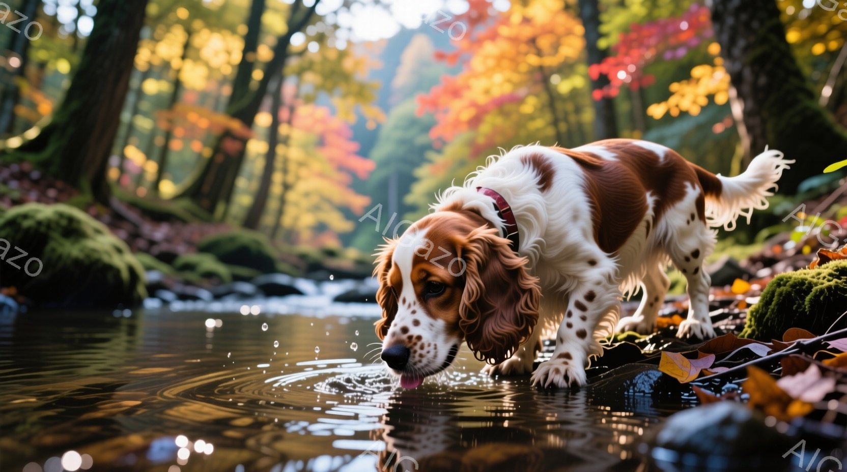 赤茶色の毛並みの犬が、水たまりの水を飲もうと頭を下げています。背景には、秋の紅葉が美しい森林が広がり、苔むした岩や落ち葉が水面に浮かんでいます。 全体的に、自然の中でリラックスした穏やかな雰囲気が漂っ - AI生成フリー素材