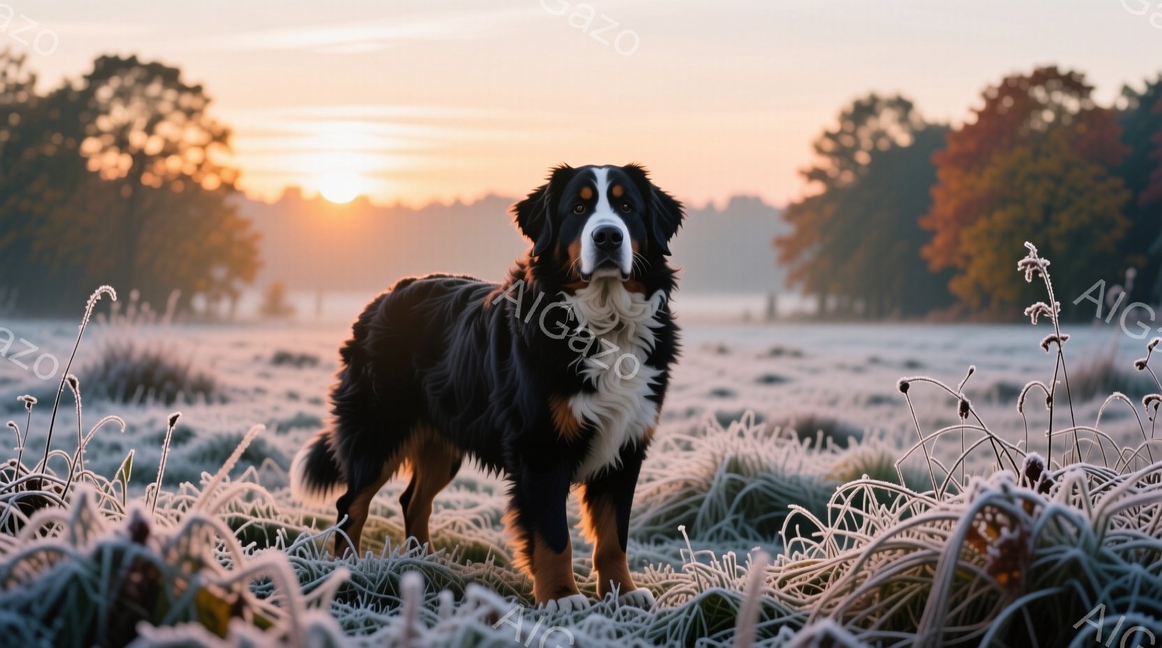 広大な草原に立つバーニーズ・マウンテン・ドッグが写っている。霜で覆われた草むらの中に立ち、堂々とした姿勢で正面を見つめている。背景には朝焼けの空と、ぼんやりと見える木々が広がり、静かで穏やかな雰囲気を - AI生成フリー素材