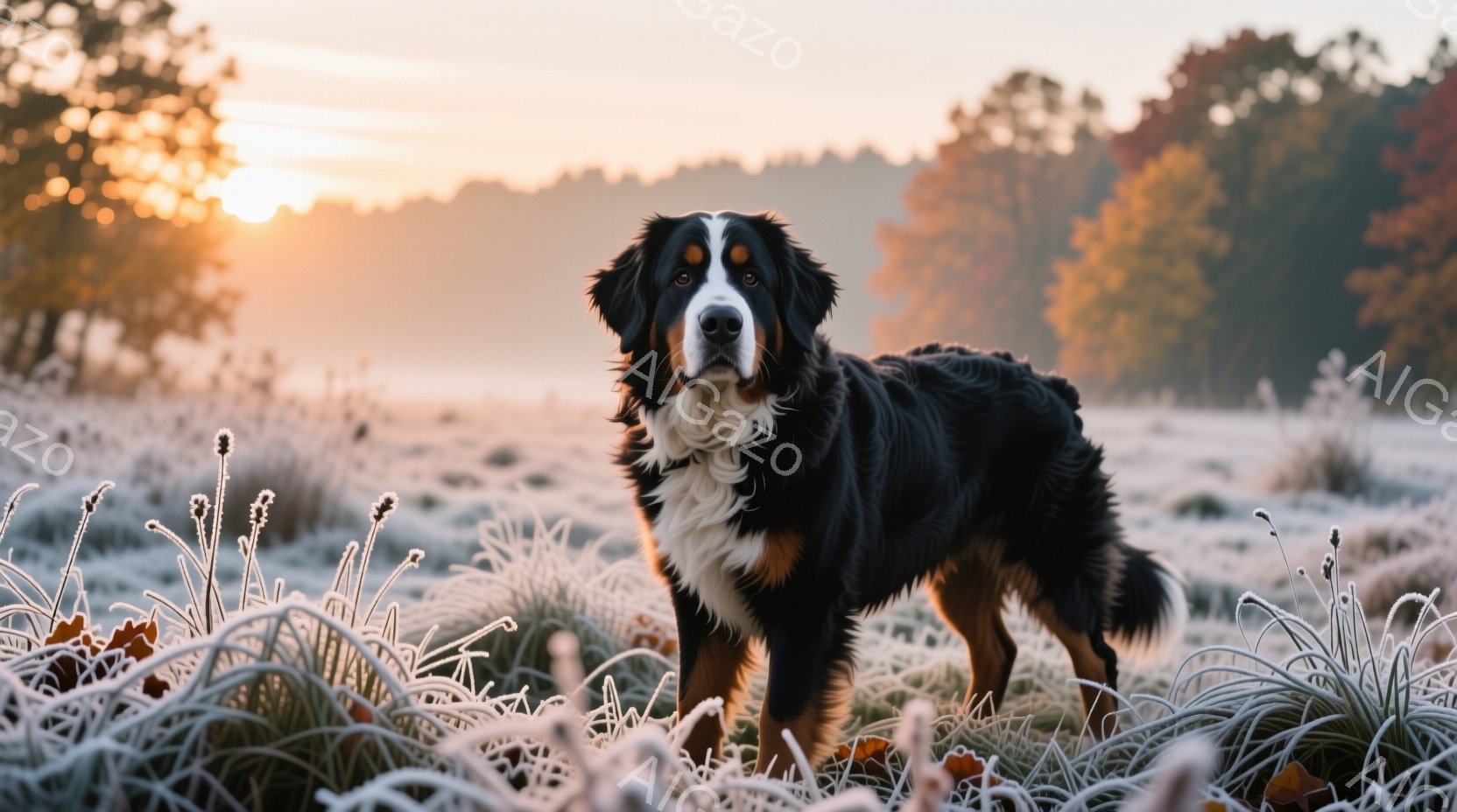 広大な草原に、美しいベルン山犬が立っている。犬は黒と白の毛並みで、自信に満ちた表情で正面を見据え、凛々しい姿を見せている。背景には朝焼けが広がり、霜が降りた草木が犬の周りを飾り、冷たく穏やかな雰囲気を醸し出している。