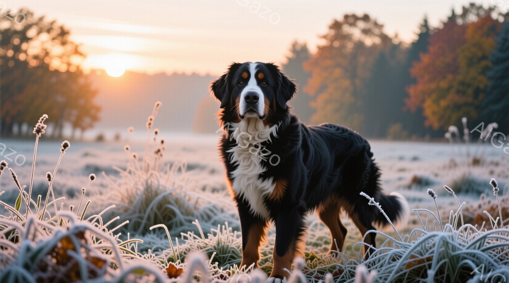 広大な草地に、ベルン山犬が凛々と佇んでいます。犬は黒、白、茶色の美しい毛並みで、自信に満ちた表情をしています。背景には朝焼けの空と、霜で覆われた草が生い茂り、静かで穏やかな冬の雰囲気が漂っています。