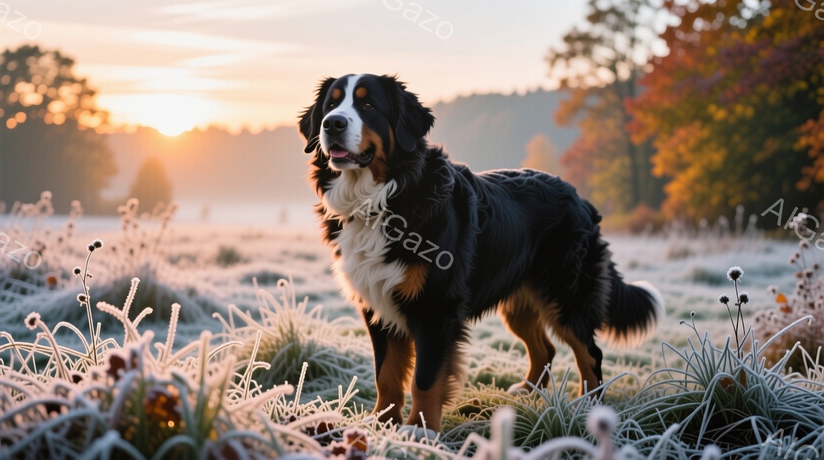 霜に覆われた草むらの中に、堂々としたベルン山犬が立っている。犬は黒、白、茶色の毛並みで、穏やかで自信に満ちた表情を浮かべ、遠くを見つめている。背景には朝焼けの光が差し込み、秋の紅葉がぼんやりと見え、全体的に静かで穏やかな雰囲気が漂っている。