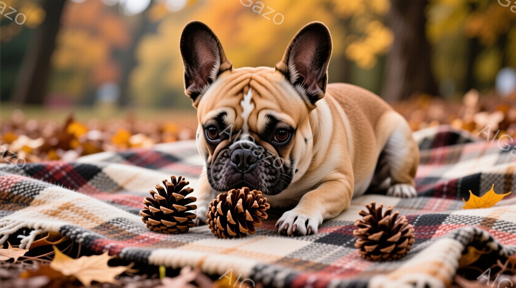 鮮やかな秋の色彩に包まれた、クリーム色のフランスブルドッグが、赤と白のチェック柄の毛布の上でくつろいでいます。犬は正面を見つめ、リラックスした表情で、その周りにはいくつかの松ぼっくりが置かれています。 - AI生成フリー素材