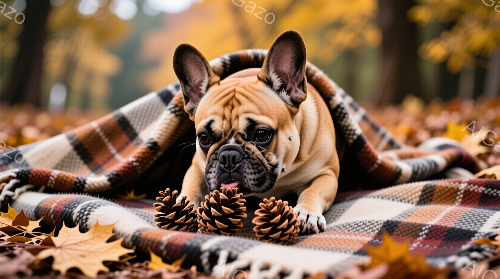 鮮やかなオレンジとクリーム色の毛並みを持つフレンチブルドッグが、チェック柄のブランケットに包まれて横たわっています。その周りには、松ぼっくりがいくつか置かれ、少し舌をペロッと出した愛らしい表情をしています。背景は落ち葉で覆われた地面とぼやけた木々で、秋の穏やかで温かい雰囲気を醸し出しています。