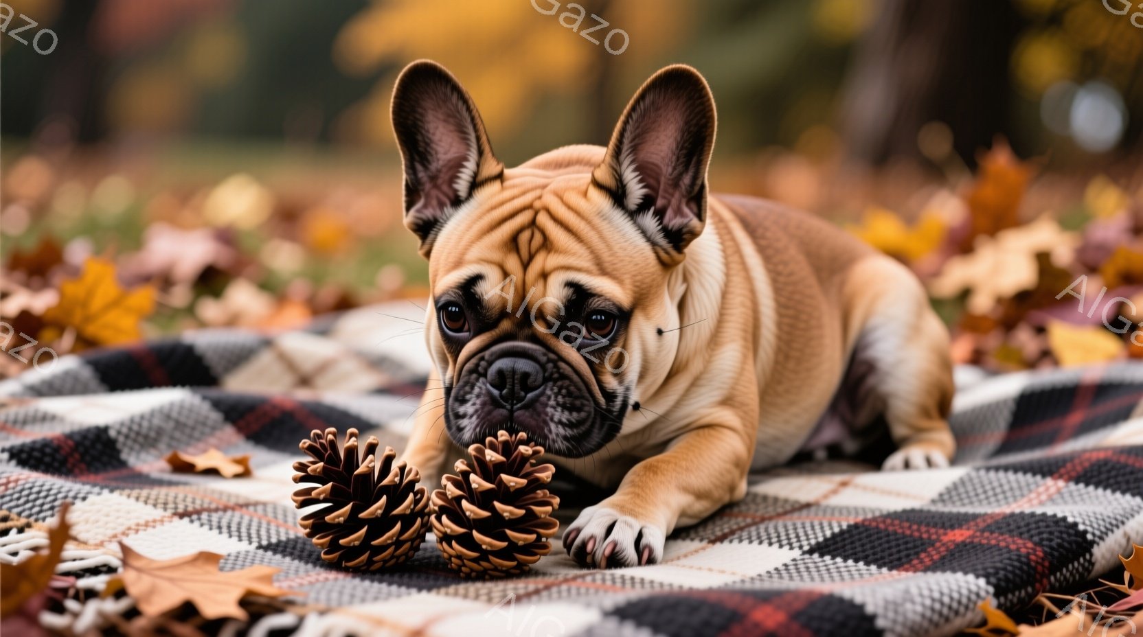 暖炉のような色合いのフレンチブルドッグが、チェック柄の毛布の上に横たわっています。周りには松ぼっくりが置かれ、落ち葉が散らばった秋の背景が広がっています。犬はリラックスした表情で、穏やかで温かい雰囲気が漂います。