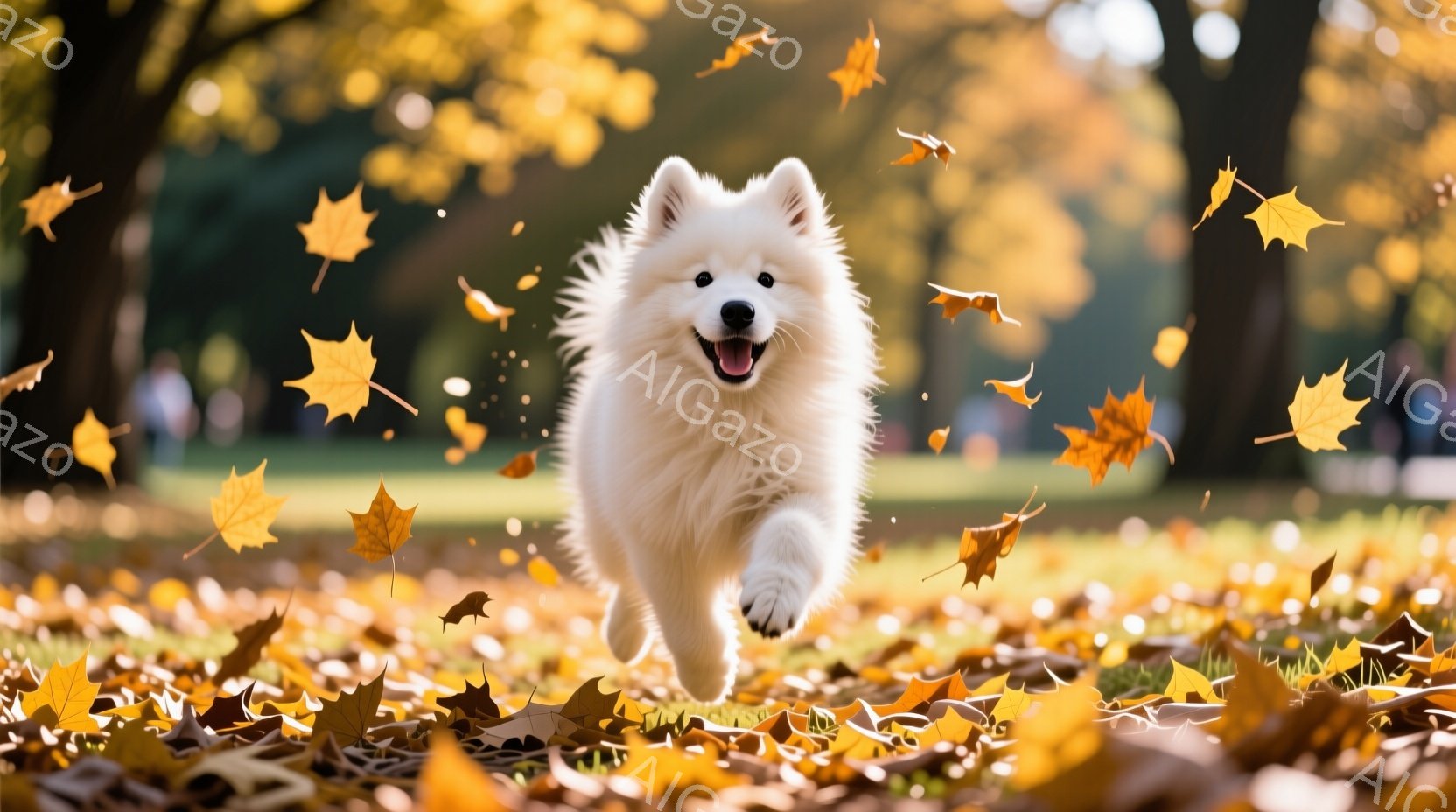 白い毛並みの犬が、落ち葉が舞う公園を勢いよく駆け抜けている。犬は口を開けて楽しそうに笑っており、その表情は生き生きとしている。背景には緑豊かな木々と、秋らしい紅葉が広がり、温かく穏やかな雰囲気が漂って - AI生成フリー素材