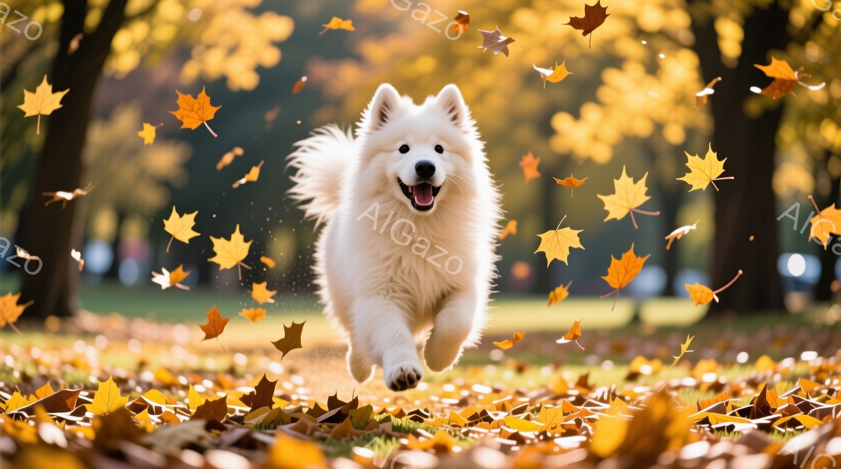 白い毛並みの犬が、落ち葉が舞う公園を勢いよく駆け抜けている。その表情は非常に楽しそうで、口角が上がって微笑んでいるように見える。背景には緑豊かな木々と、秋らしい暖色系の落ち葉が広がり、明るく活気のある - AI生成フリー素材