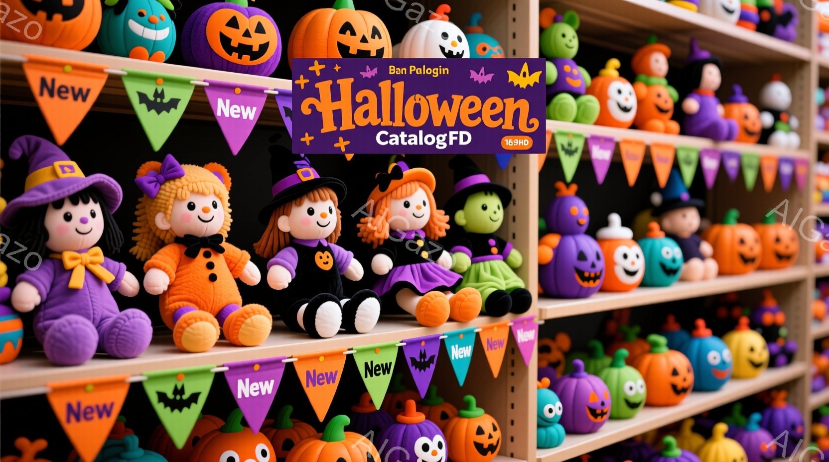 ハロウィーンの背景に、さまざまな色とデザインのかわいいぬいぐるみがずらりと並んでいます。紫、緑、オレンジ、黒といったハロウィーンカラーのぬいぐるみは、それぞれ異なる表情で可愛らしさを際立たせています。背景には「New」と書かれた旗が飾られ、商品の新しさをアピールしています。