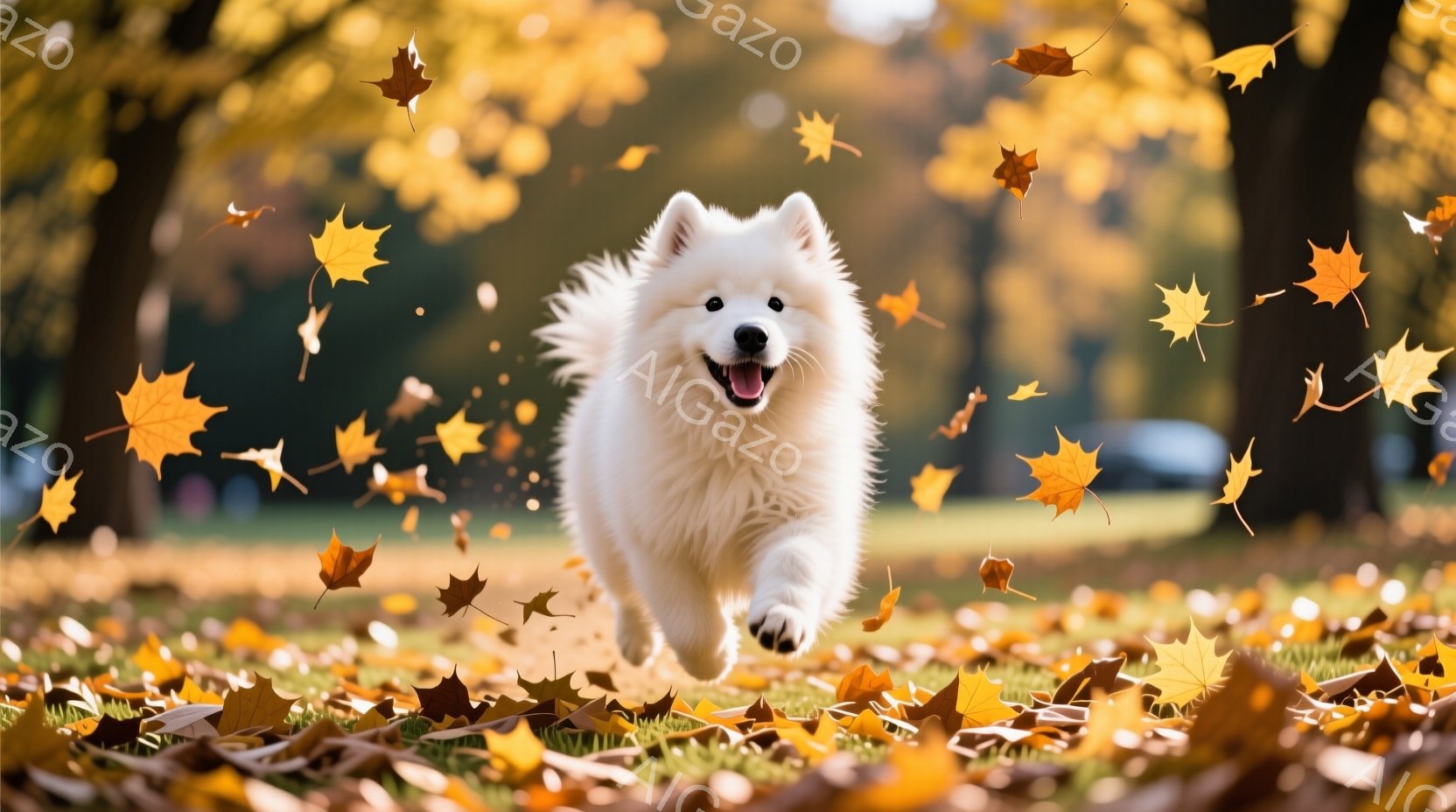 白い毛並みの犬が、落ち葉が舞う草原を駆けている様子が捉えられている。犬は口を開けて楽しそうに笑っており、躍動感に満ちた姿を見せている。背景には木々が広がり、秋の暖かく穏やかな雰囲気を醸し出している。