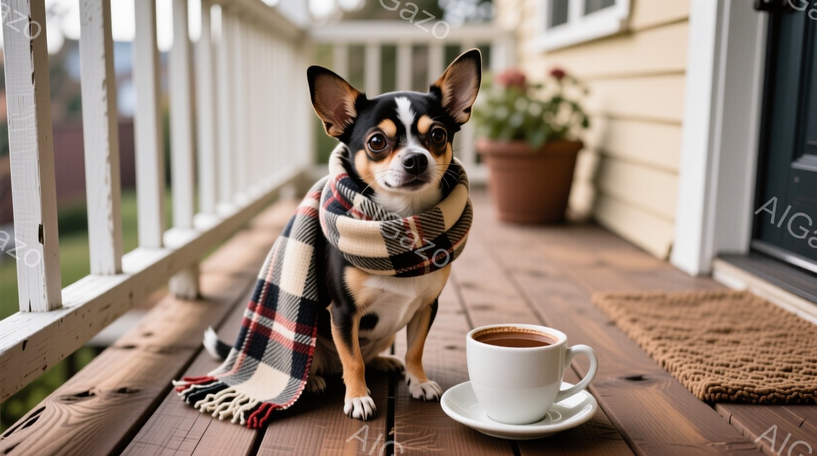 小さなチワワが、チェック柄のショールを首に巻いて、木製のデッキの上に座っています。その表情はどこか自信に満ちており、正面を見つめています。背景には緑豊かな庭と、白壁の建物が見え、穏やかで心地よい雰囲気が漂っています。