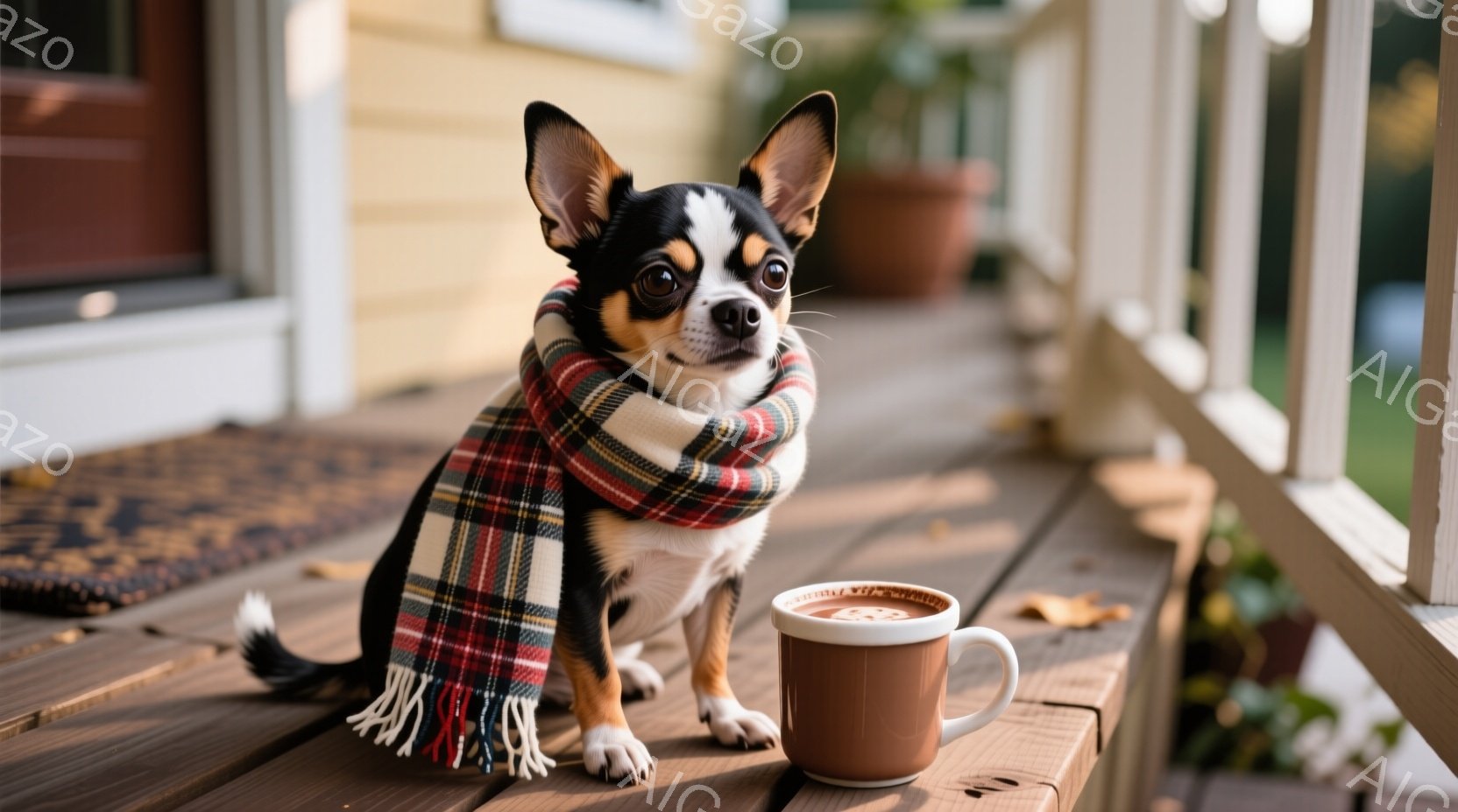 小さいチワワ・チャキーが、狭めのバルダックをかけたままで、冷やすべきコップの前に座っている。背景は明るく、静かな朝日が漏れている。