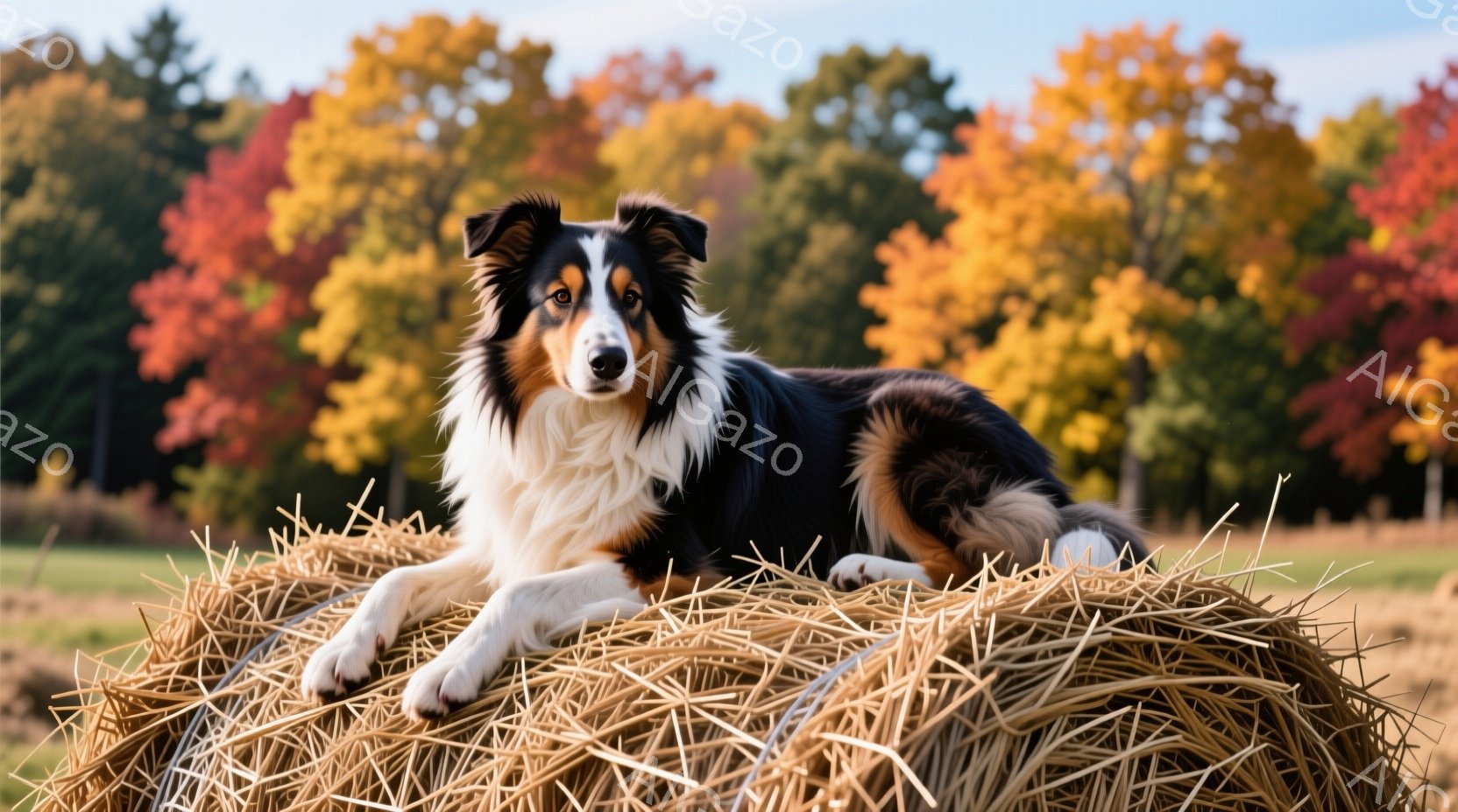 黒と白のボーダーコリーが、干し草の俵の上に横たわっている。その犬はリラックスした表情で、まっすぐにカメラを見つめている。背景には、赤や黄色の鮮やかな秋の木々と緑の牧草地が広がり、穏やかな秋の日の雰囲気を醸し出している。