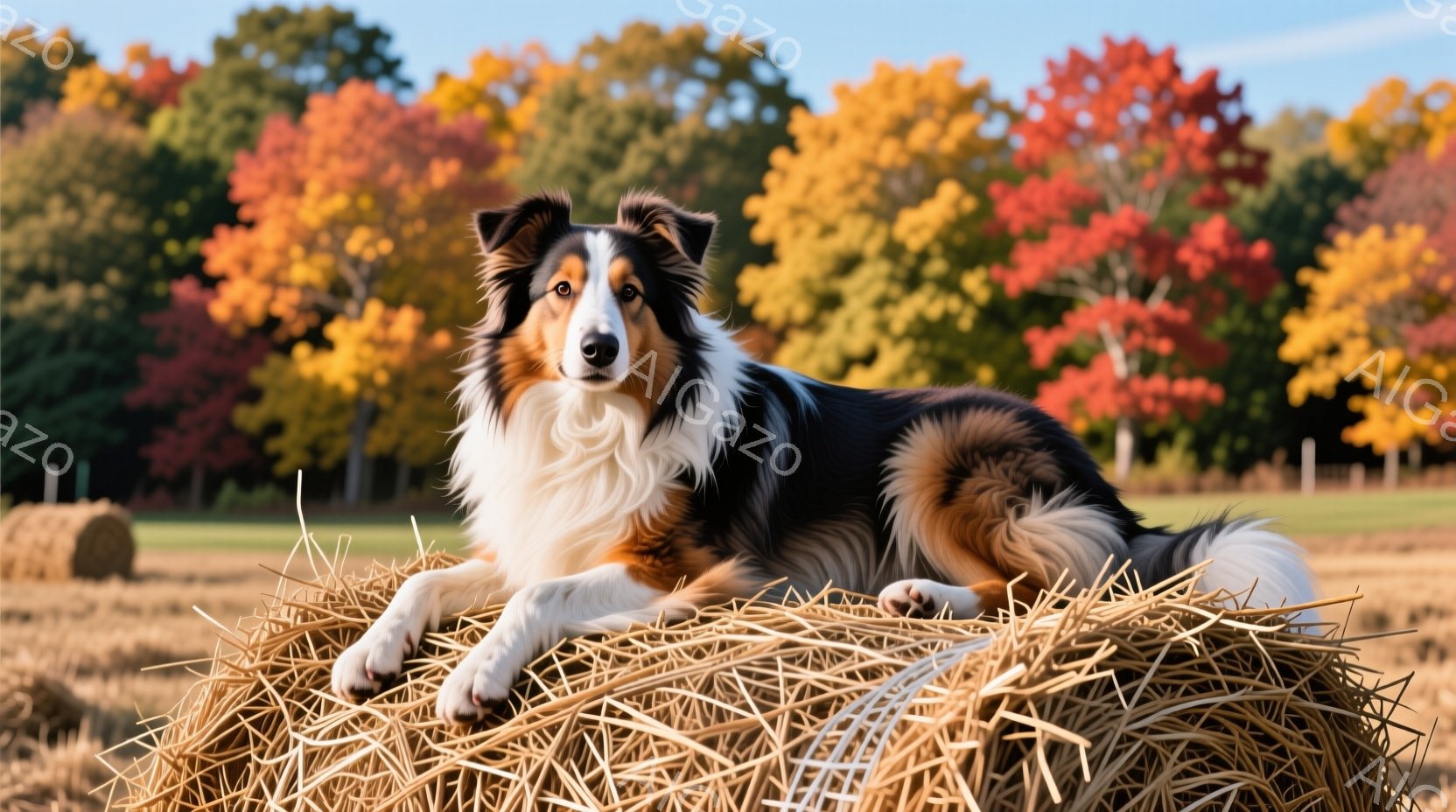 この秋の風景をバックに、カラフルな季節の葉が色鮮やかな状態で映っています。中央には大きな金髪と白髪のコーギーが座り、彼は落葉の上に座っており、目を見つめるように表情を持っています。その周りには絨毯状の農作物があり、全体として温かく、自然的な印象があります。